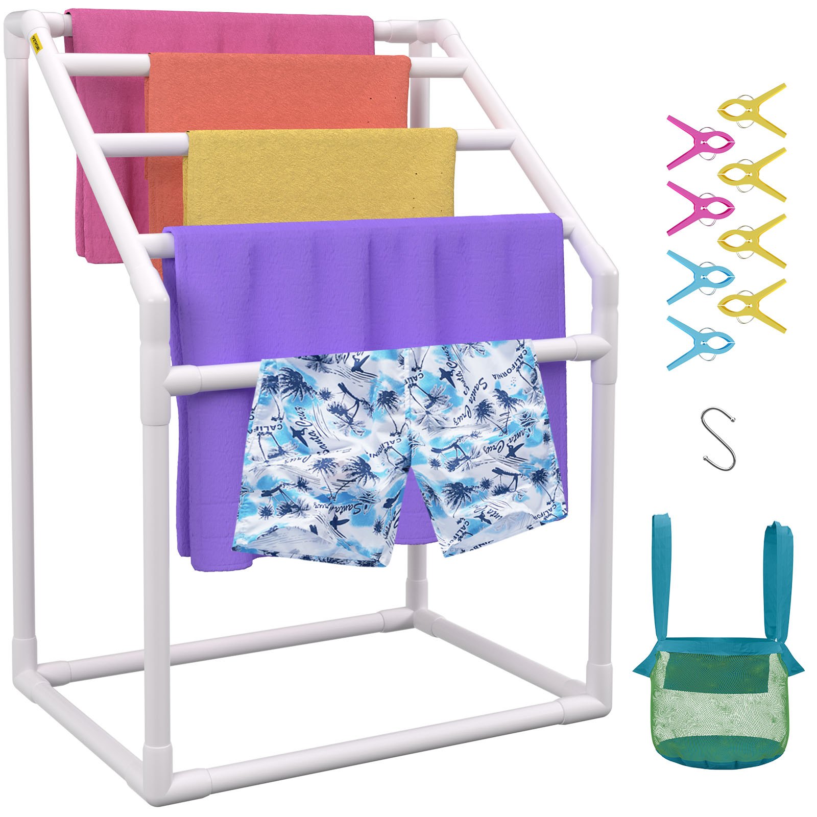 Toallero de pie de PVC con 5 barras, para piscina, baño o spa, con clips y gancho, blanco