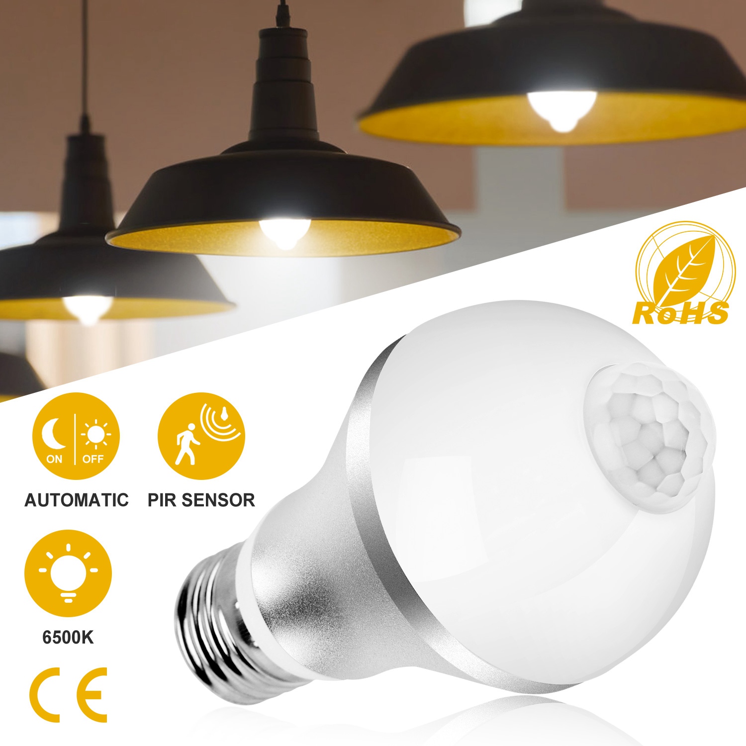 Bombilla LED E27 9W 6500K con sensor de movimiento, auto on/off, interior/exterior