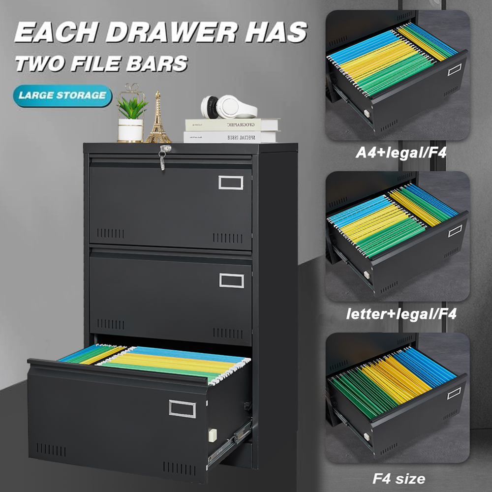 Filing Cabinet Lateral File Cabinet 3 Drawer, Blcak Locking Metal File Cabinets Three Drawer, Office Filing Cabinet With Lock Drawers For Home Office Legal Letter A4 F4