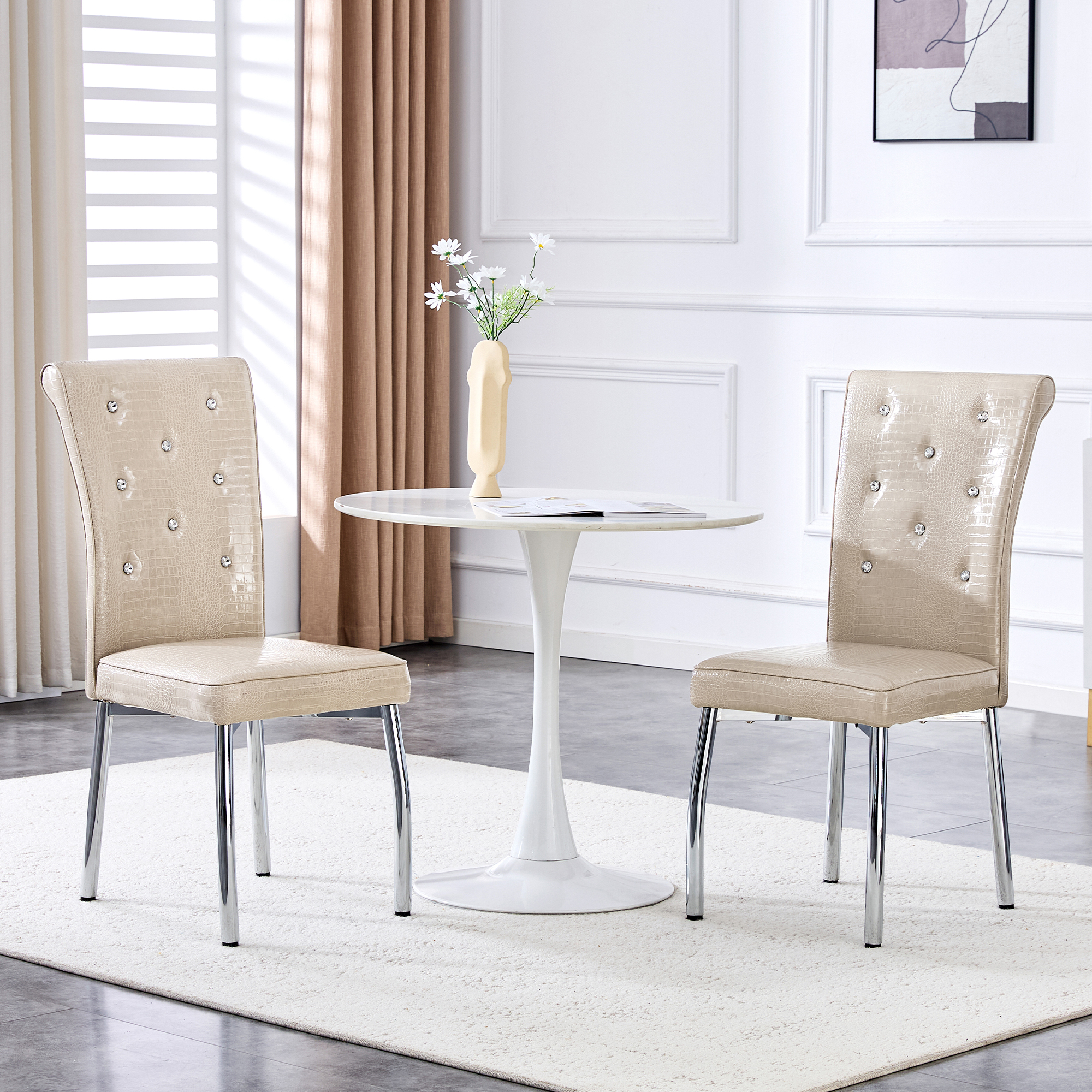 A Set Of 2 Beige And Silver Vintage Crocodile Leather Cushioned Dining Chairs, Featuring Crystal Clasp Design And Artificial Leather Design, Adding A Touch Of Elegance And Mystery To The Dining Area