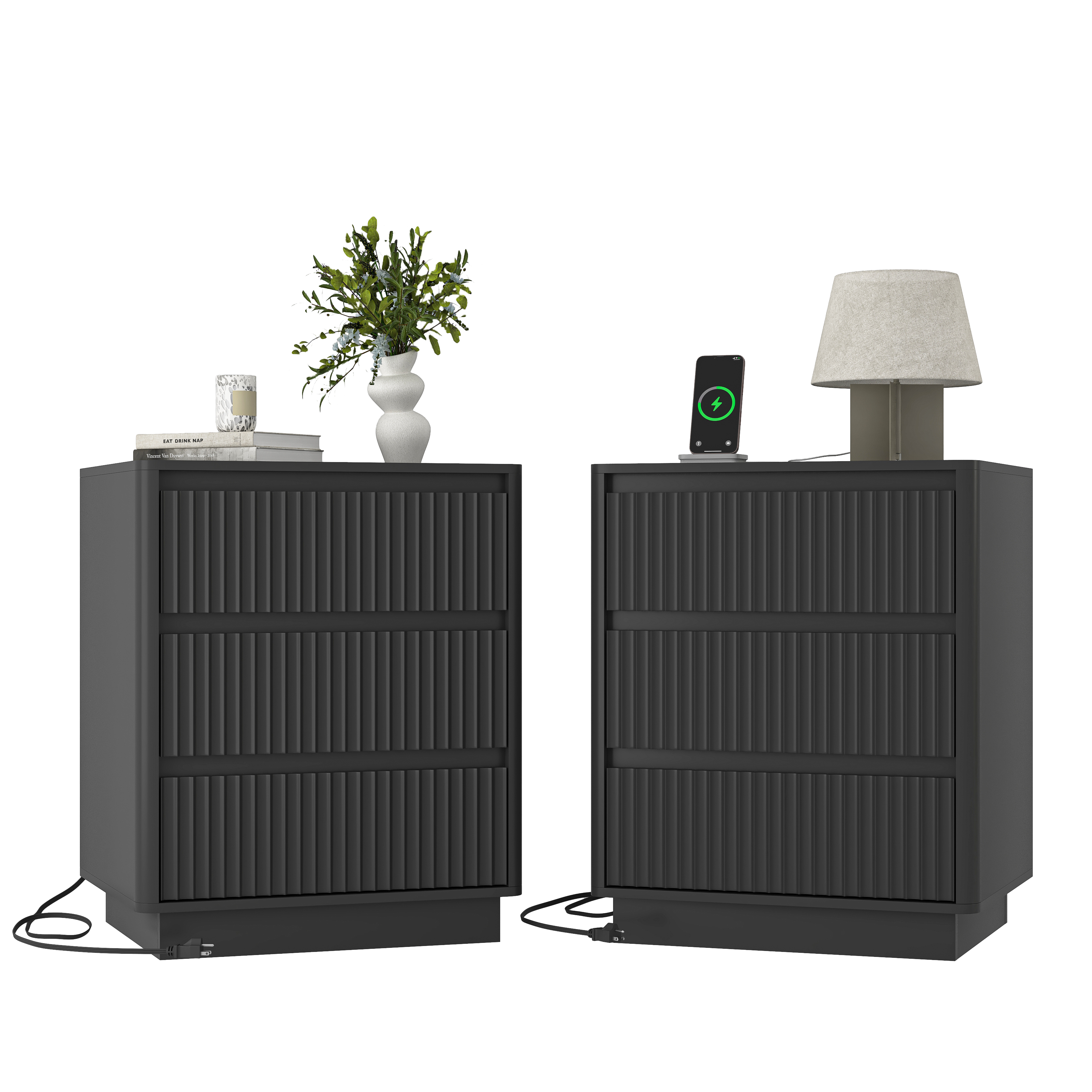 Set Of 2 End Table With Fast USB C Charging Station, Sofa Side Table With 3Drawers, Large Storage Modern Wood Storage Cabinet For Living Room,Bedroom,Office, Black