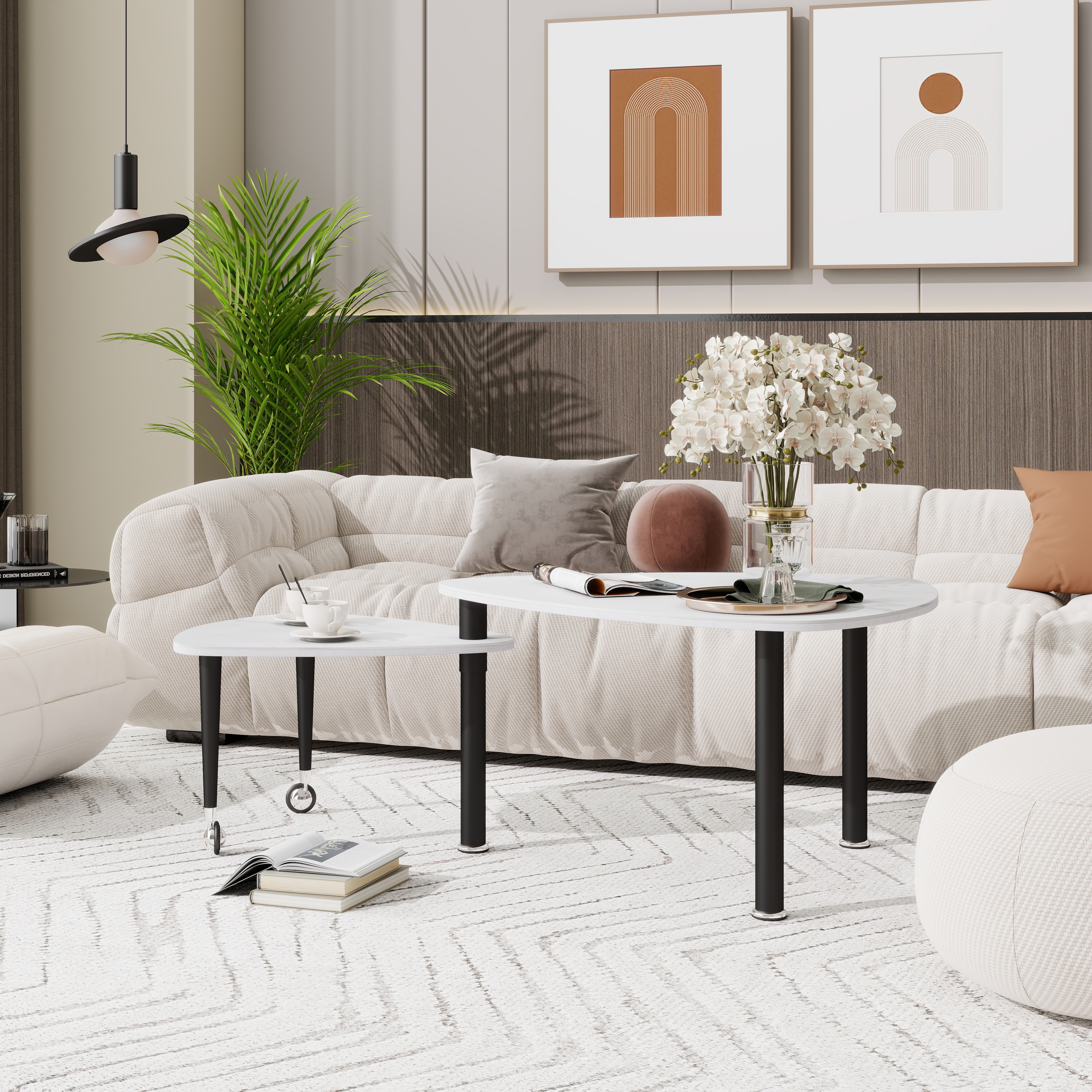 Mesa de centro moderna giratoria 360 grados, cubierta de piedra sinterizada blanca, patas de madera