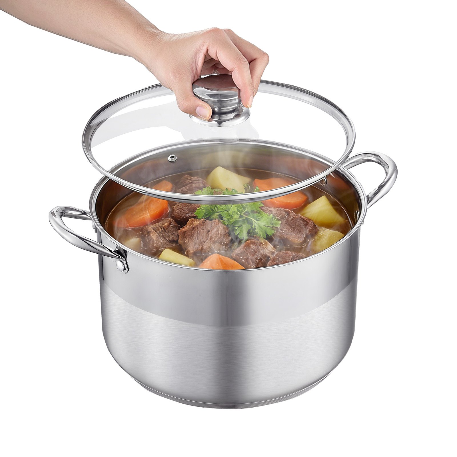 Stainless Steel Stock Pot, 12-Quart Stainless Steel Stockpot With Glass Lid, PFOA-Free, PFAS-Free, Compatible With Gas Stoves, Induction Cooktops, Electric Stoves, For Soups, Stews, And Pasta