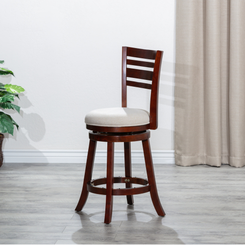 Taburete giratorio de 24 pulgadas, altura de mostrador, respaldo de listones, asiento beige.