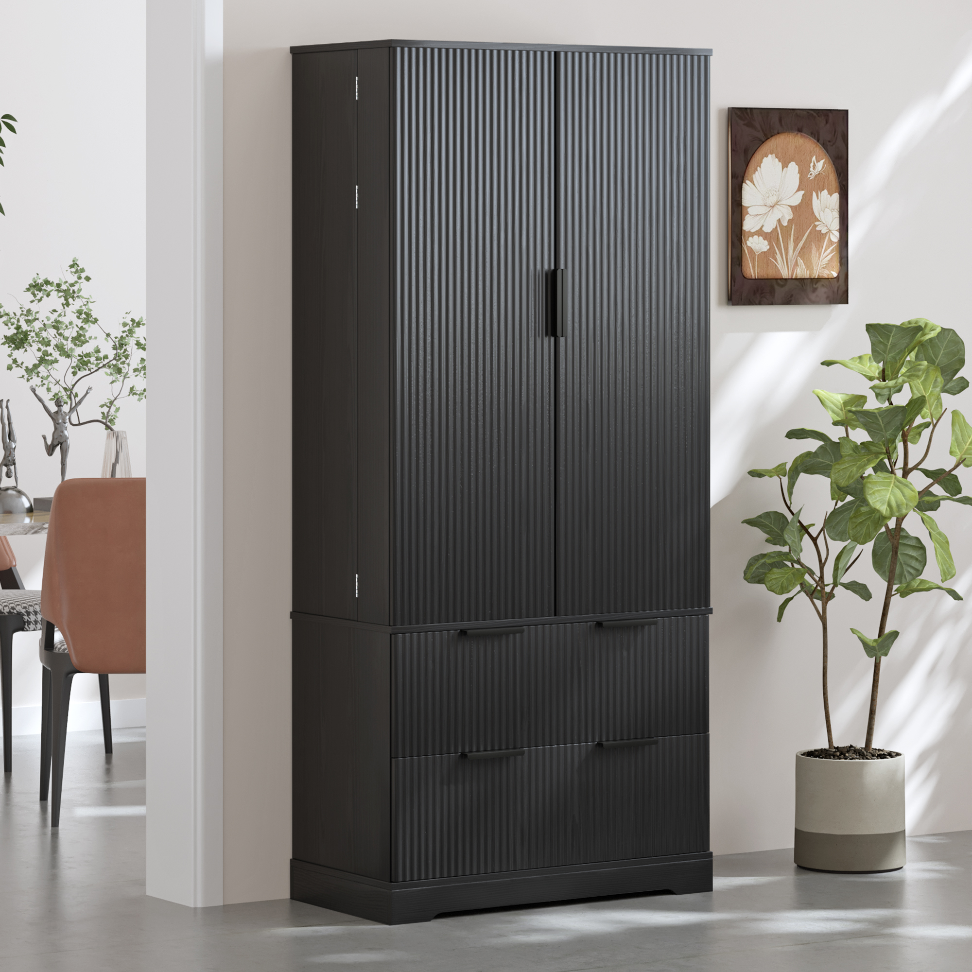 Alacena de cocina moderna estriada de 72 pulgadas, 2 cajones, especiero de 8 puertas, negro