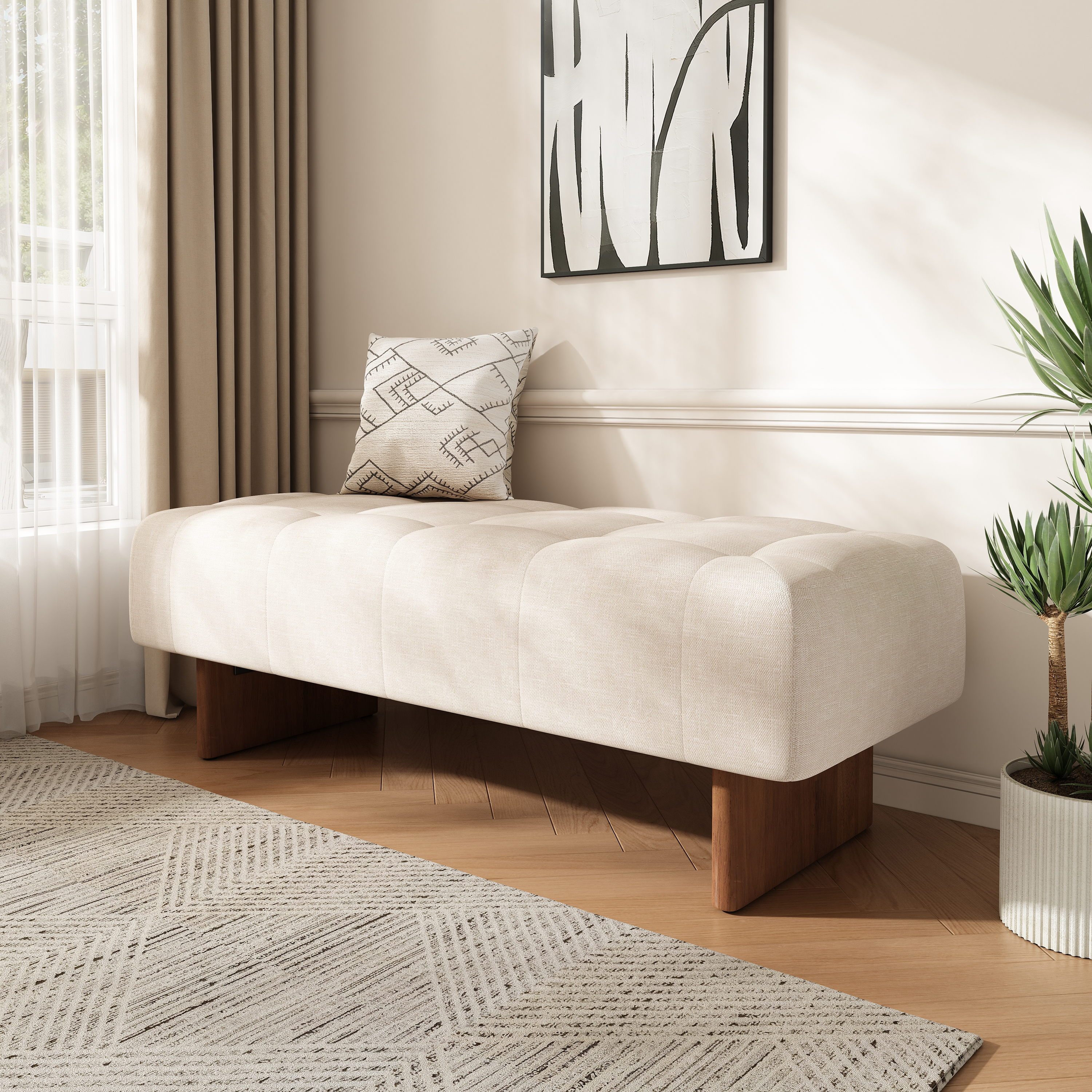 Banco otomano rectangular tapizado capitoné de lino con patas de madera, beige