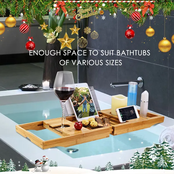 Bandeja organizadora para bañera de bambú, extensible, con soporte para tablet/teléfono