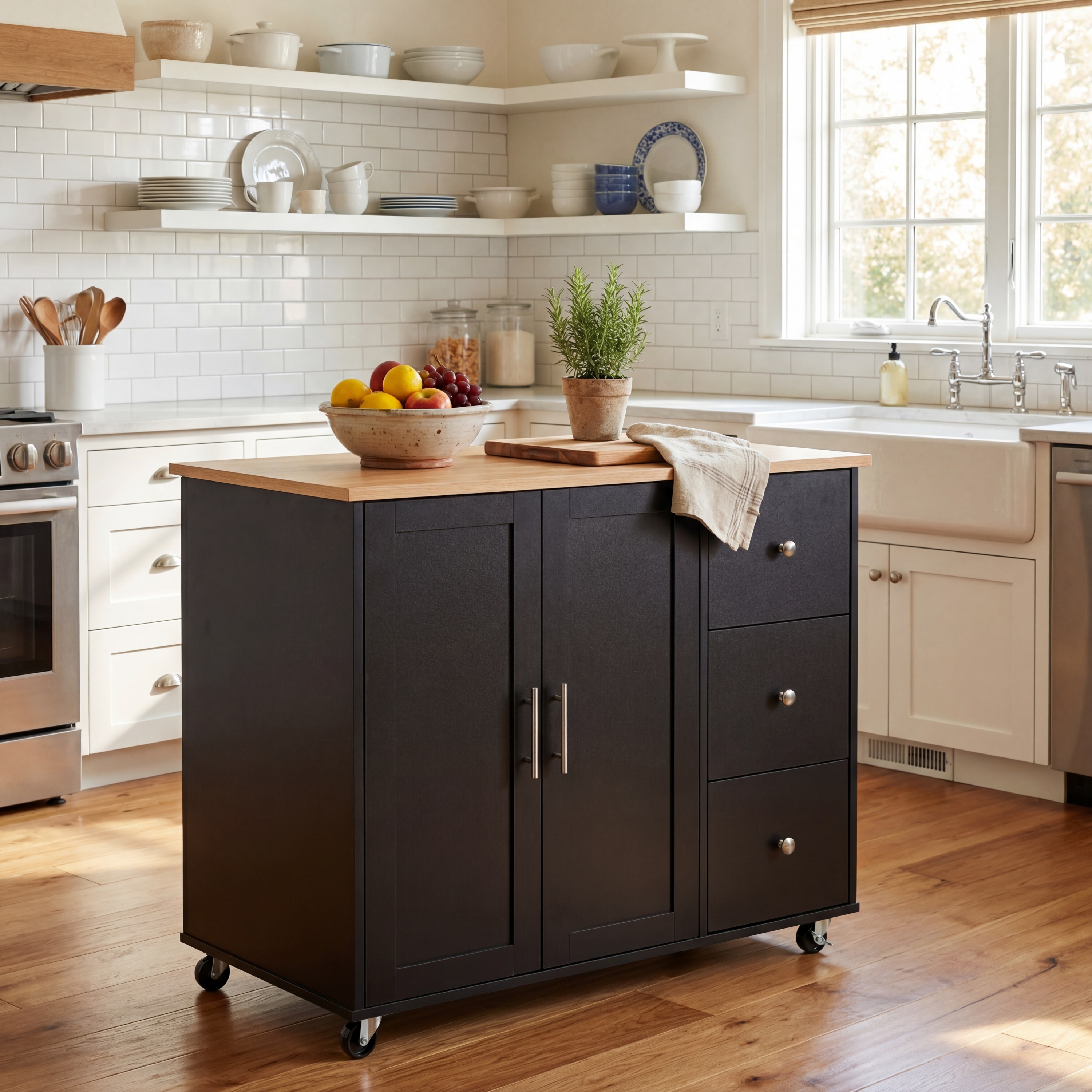 Mobile Kitchen Cart With Storage, 39.76   Rolling Kitchen Island With 2 Doors, 3 Drawers & Adjustable Shelf, Black Utility Cart For Kitchen Dining Room