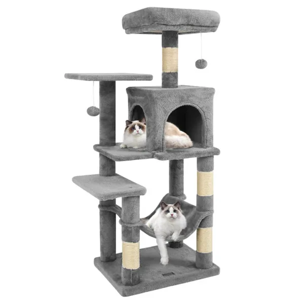 Árbol rascador multinivel para gatos de 44 pulgadas, percha, condominio y hamaca, gris claro