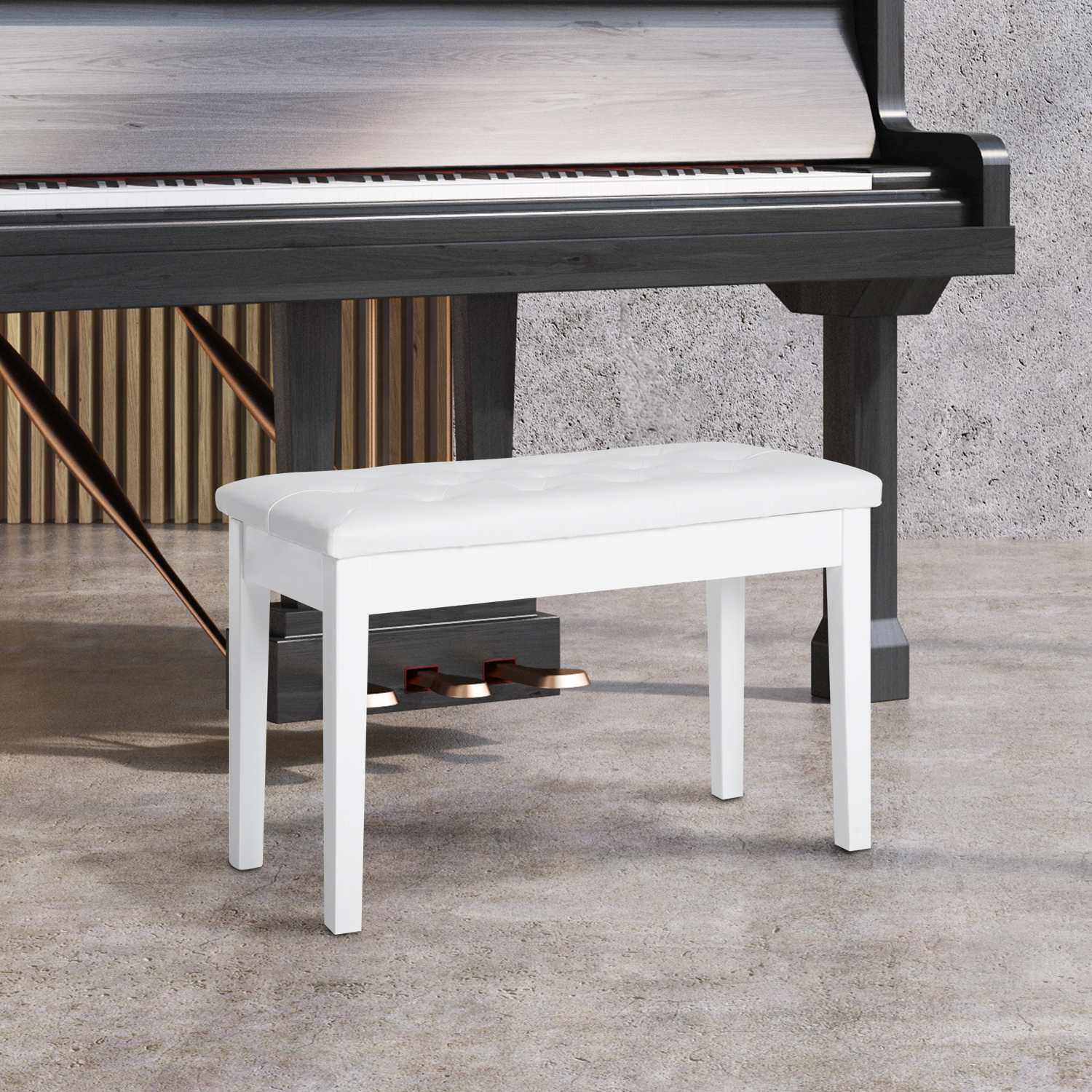 Banco para piano de dúo con cojín acolchado de piel sintética y marco de madera, blanco