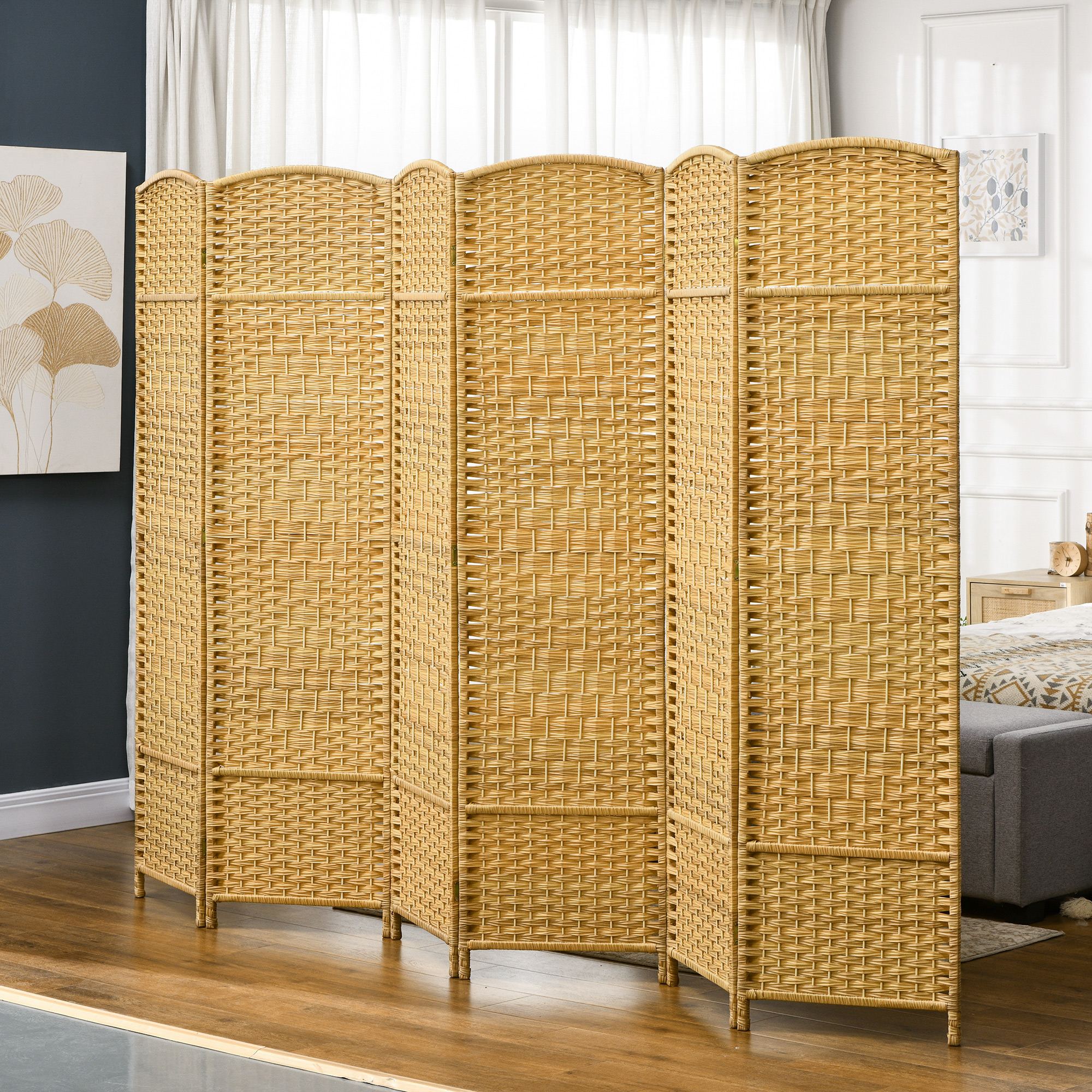Folding Room Divider Screen 6 Panel 6 Tall Privacy Screen Freestanding Wood Partition for Home Office, Nature Wood