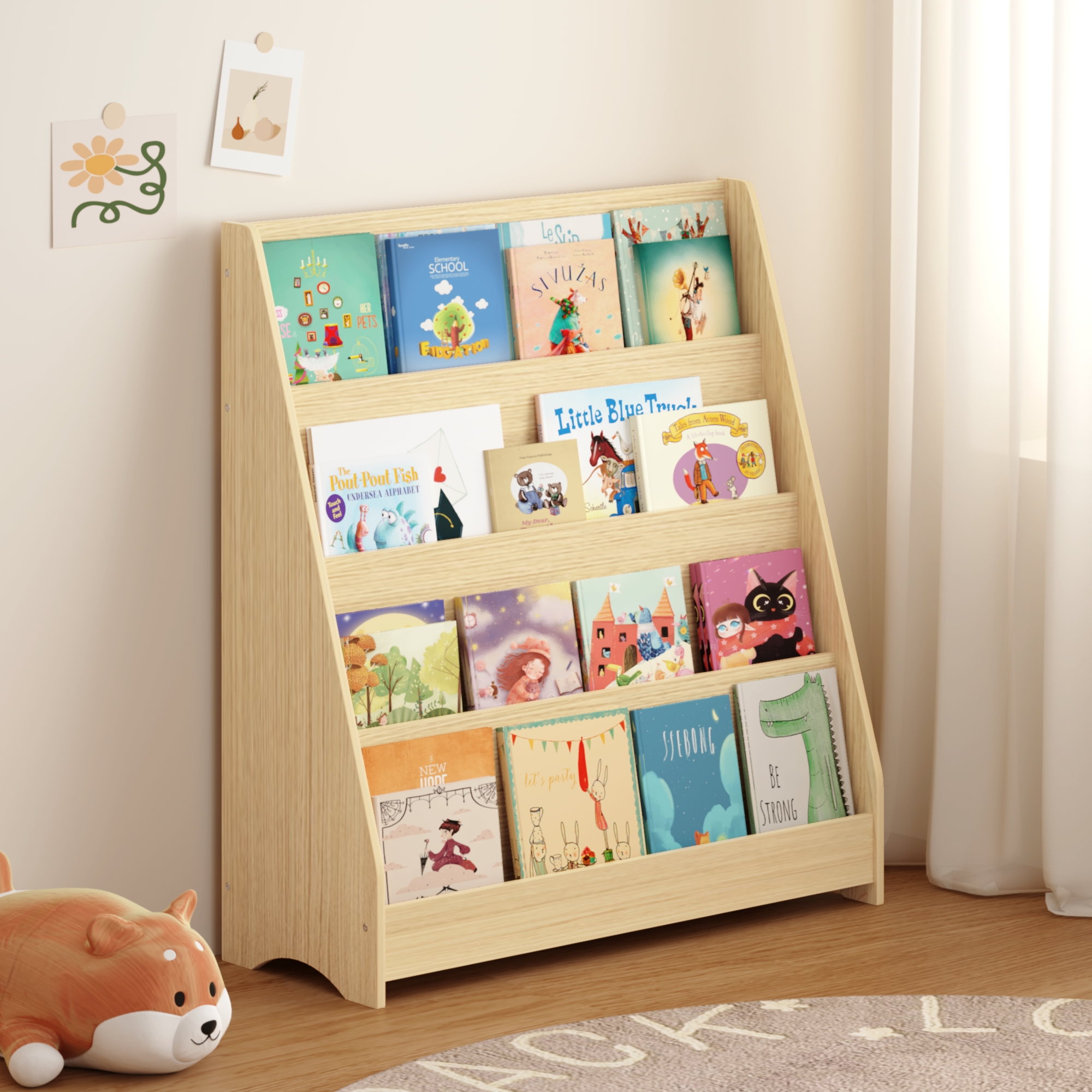 Estantería para libros infantiles de 4 niveles, para dormitorios y salas de juego, Natural