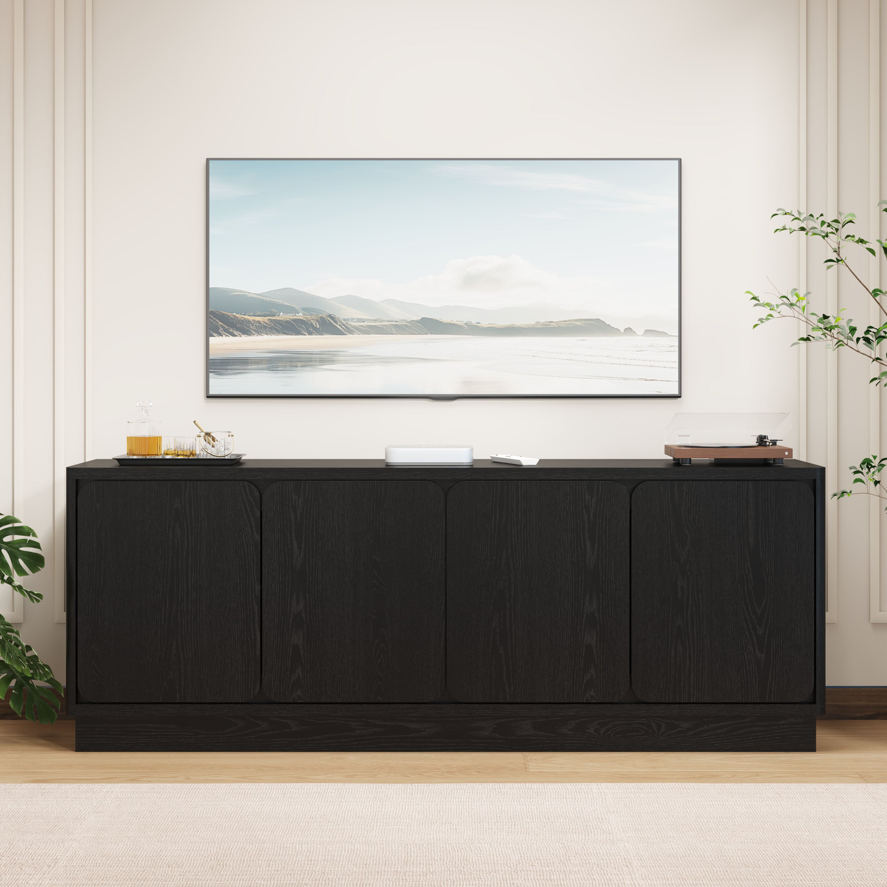 Black 63 Inch TV Stand with 4 Storage Doors, Wood Particle Board Media Console Cabinet with Cable Holes, Low Profile, Modern TV Cabinet for Living Room