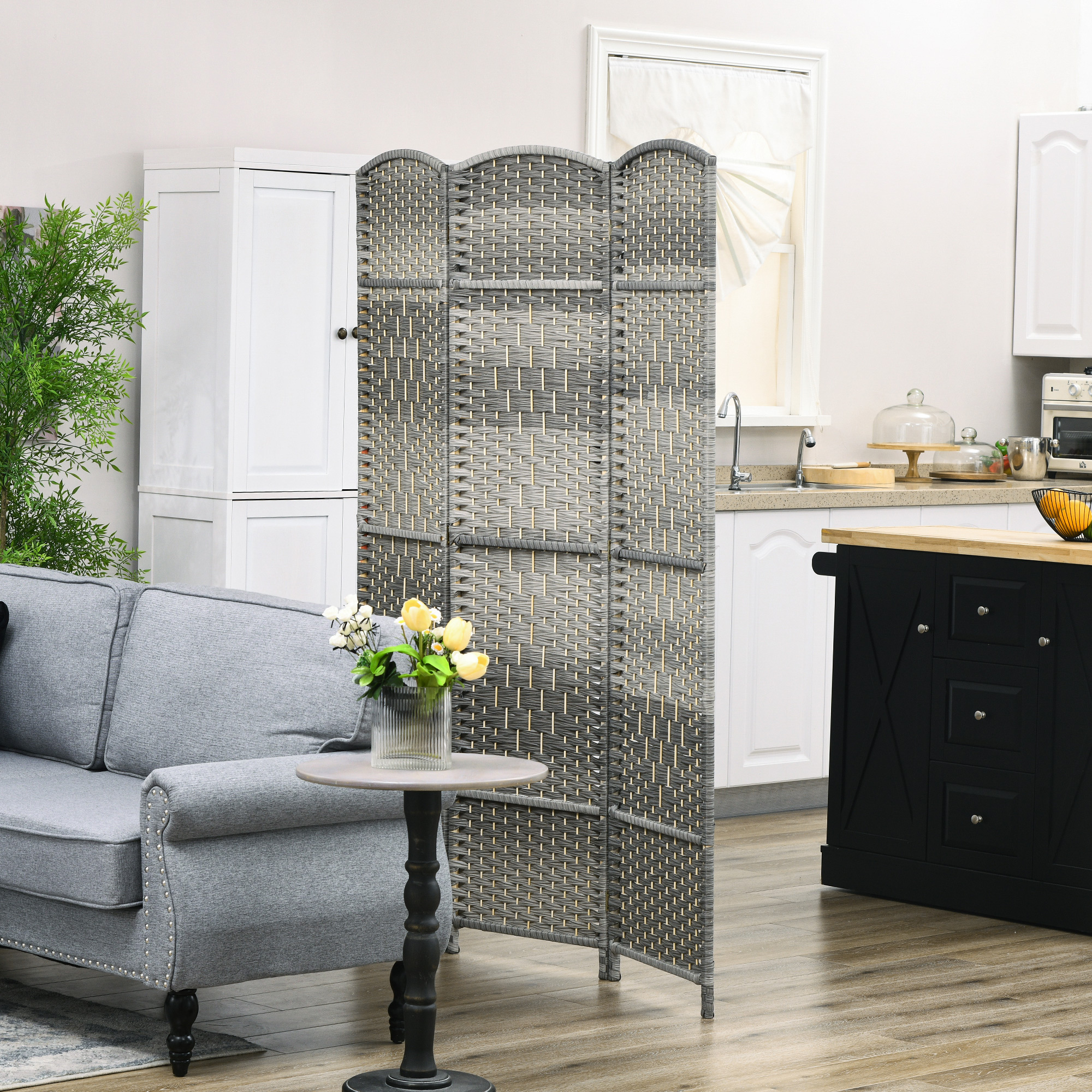 Divisor de ambientes plegable de 3 paneles, 6 pies de alto, madera, gris mixto