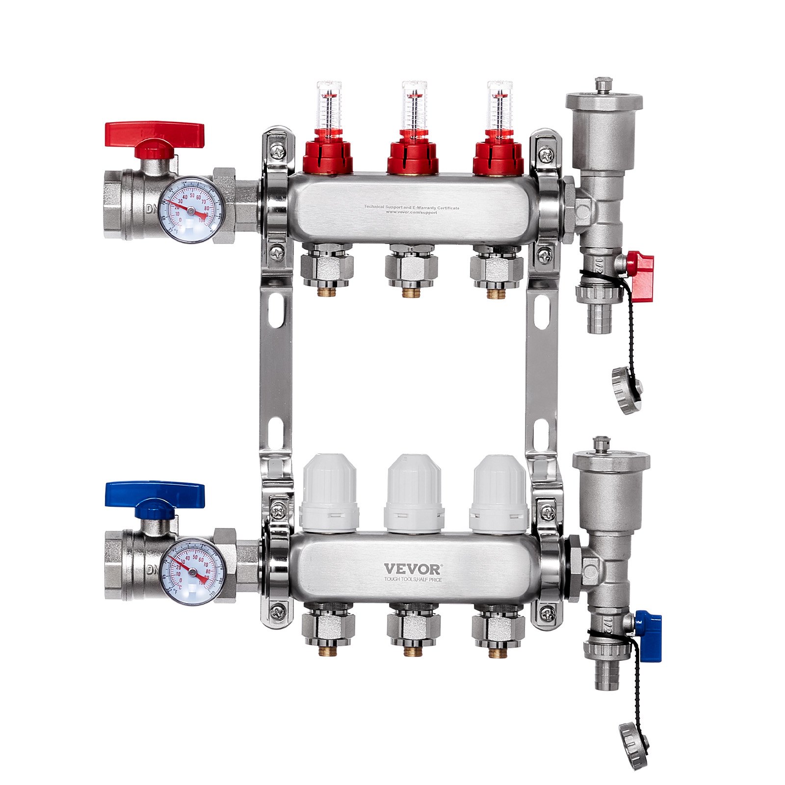 3-Branch Radiant Heat Manifold, 1/2" PEX Tubing Manifold, Stainless Steel PEX Manifold For Hydronic Radiant Floor Heating, Radiant Heat PEX Manifold Kit With 1/2" Adapters Included