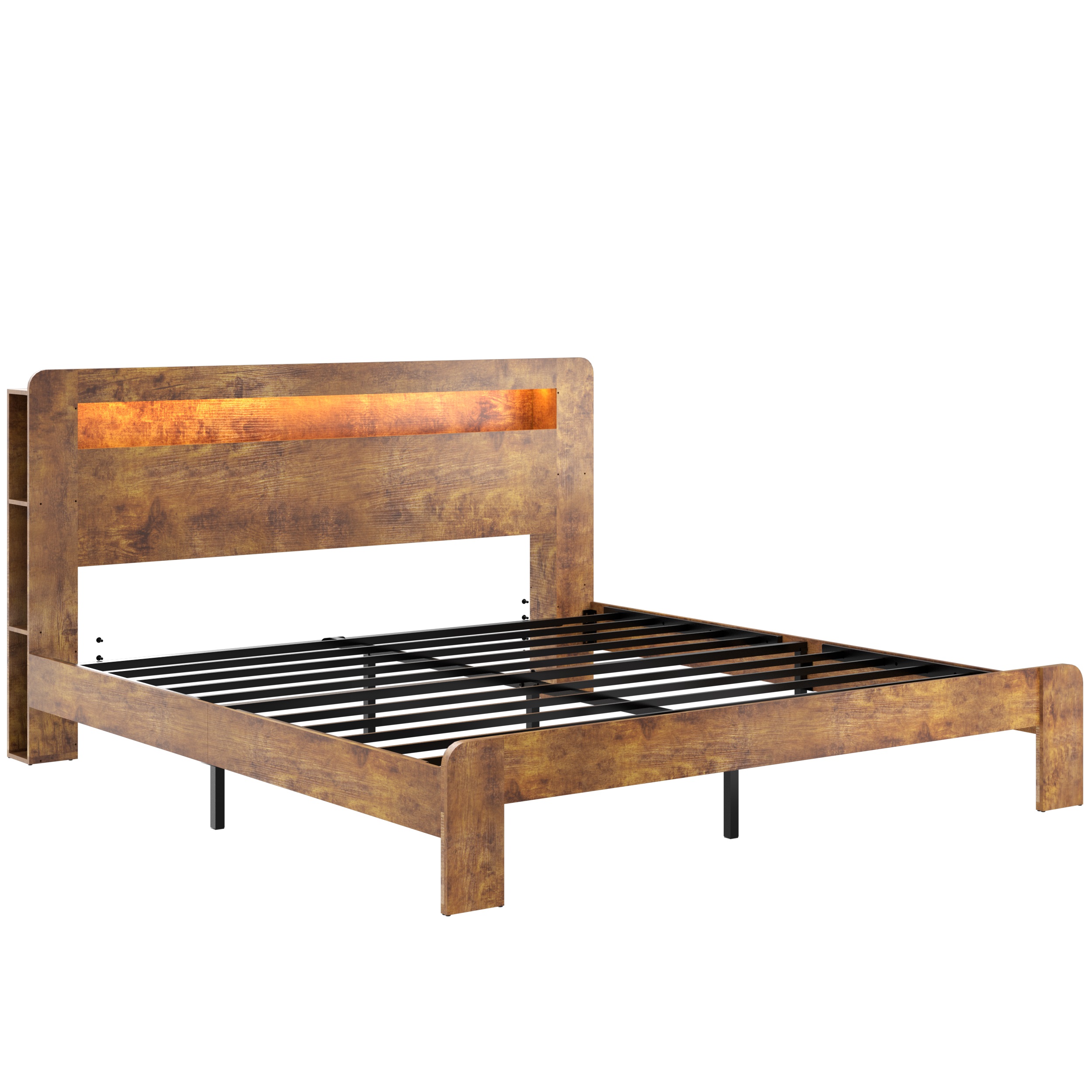 Base de cama King de madera con cabecero LED, 2 USB y almacenamiento, marrón oscuro.