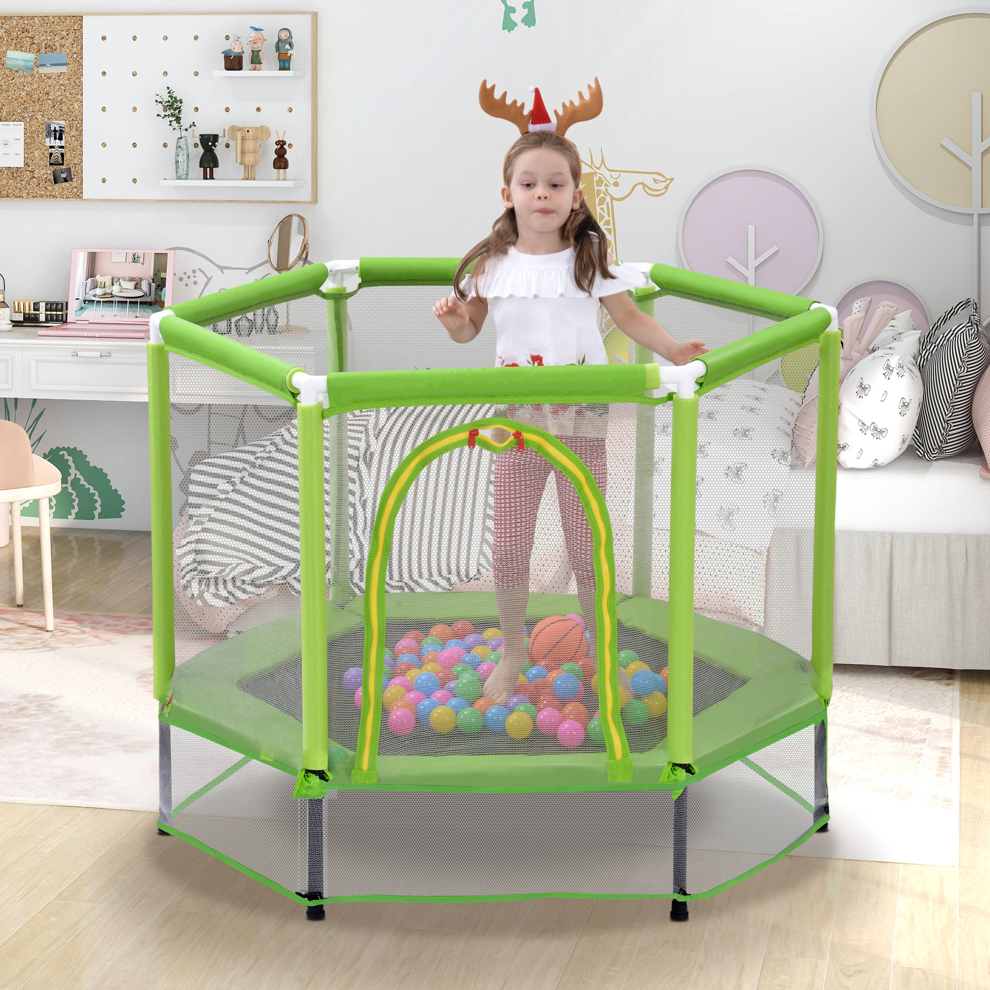 55   Toddlers Trampoline With Safety Enclosure Net And Balls, Indoor Outdoor Mini Trampoline For Kids