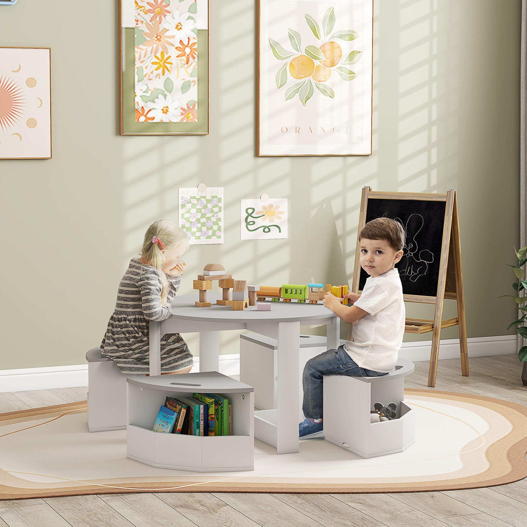 Set de mesa y sillas de 5 piezas para niños con almacenamiento, gris