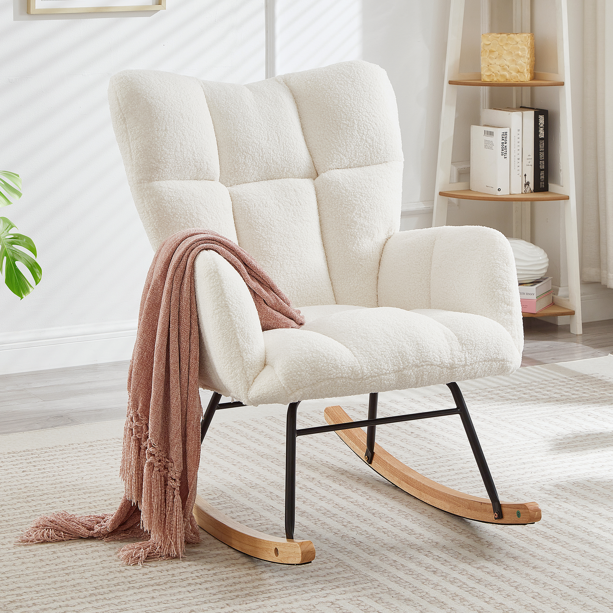 Glider Chair for Living Room Tufted Upholstered Teddy Fabric Rocking Chair with Metal Frame Accent Chair Ivory White