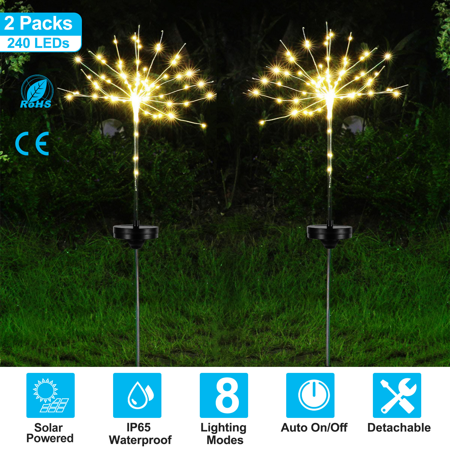 Set 2 Luces solares tipo fuegos artificiales 240 LED para decoración de jardín