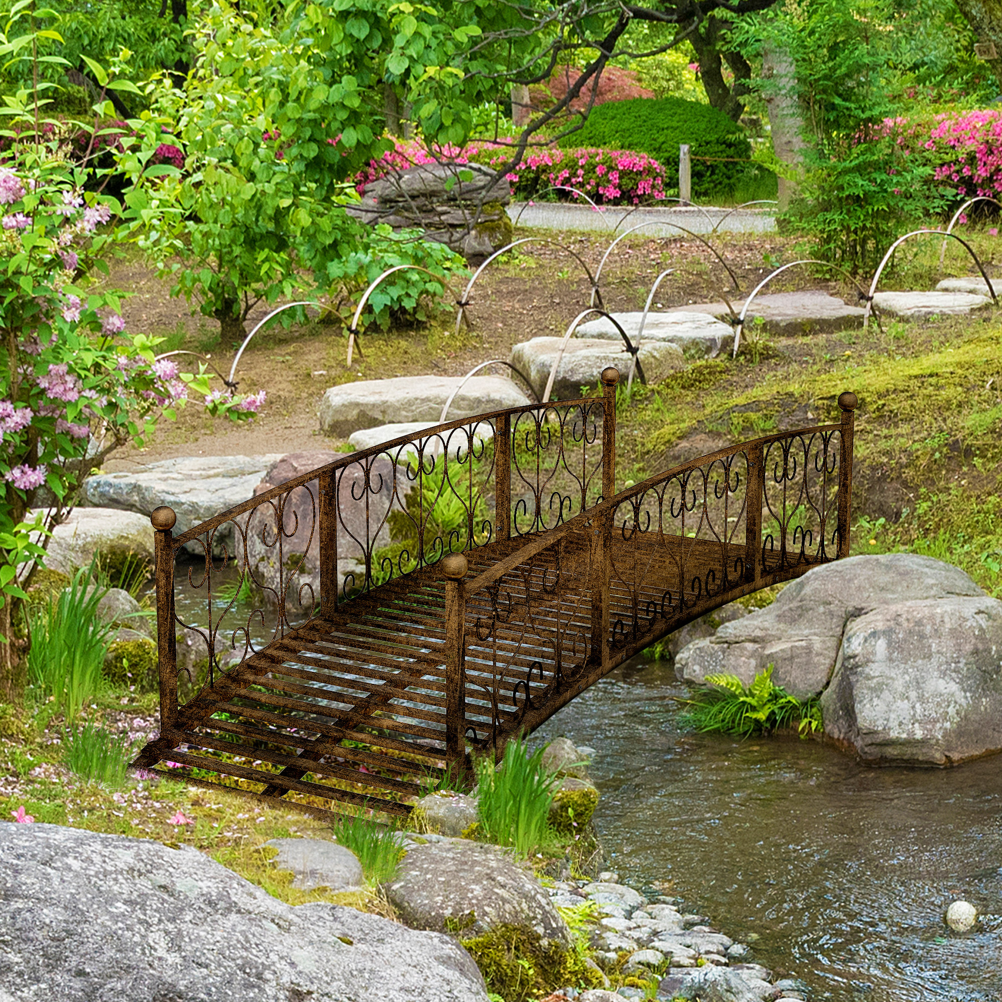 7 Metal Arch Garden Bridge Arc Footbridge with Side Railings Decorative Scrollwork, Bronze