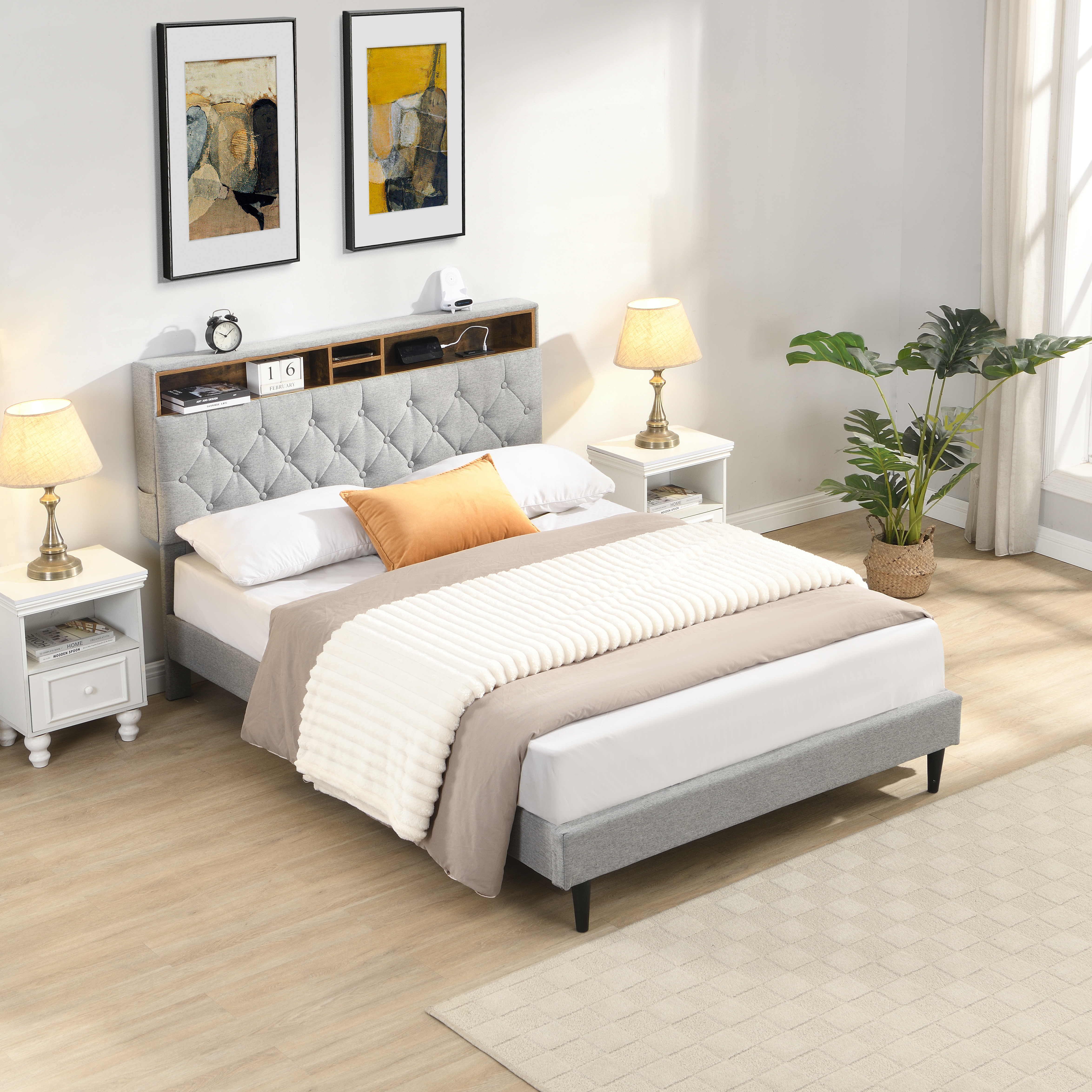 Base de cama Queen tapizada, cabecero de lino con botones, puertos USB, bolsillos, gris claro.
