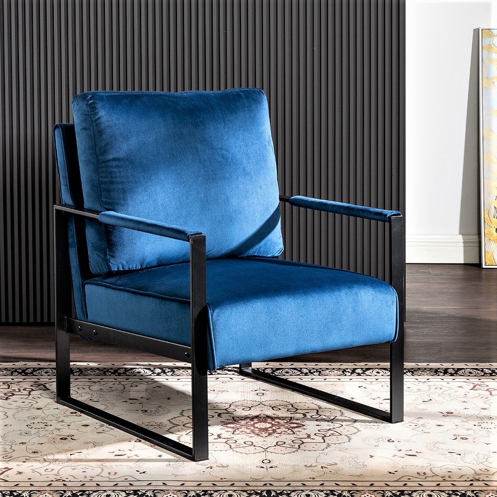 Sillón decorativo clásico moderno, estructura de metal, tapizado de terciopelo, azul