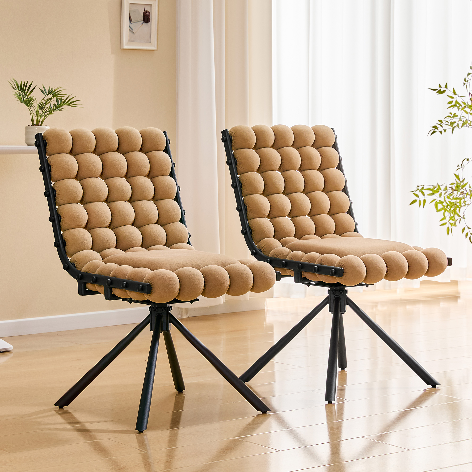 Set Of 2 Bubble Chair Ball Chain Chair Velvet Dining Chairs With Black Legs, Modern Tufted Accent Chairs For Dining Room & Kitchen
