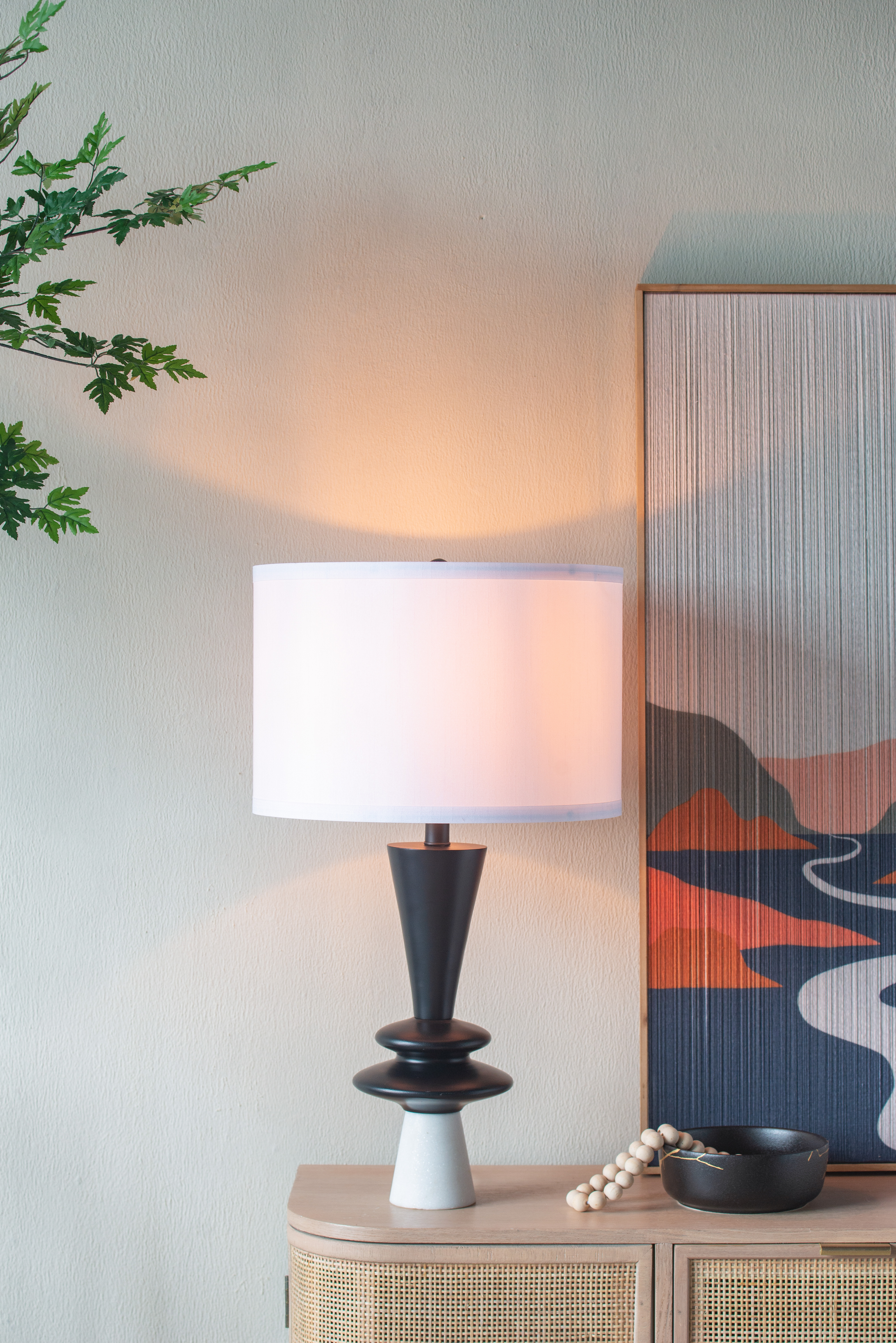 D15x26.7  Black Aluminum Table Lamp With Two Varying Disc Accents And White Shade Lamp Shade Assembly Required