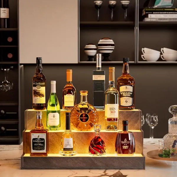 LED Lighted Liquor Bottle Display Shelf, 24 Inch Bar Display Shelf, DIY Illuminated Bottle Shelf With App & Remote Control, 3 Step Freestanding Holding Bottles For Home Bar, Party, Grey
