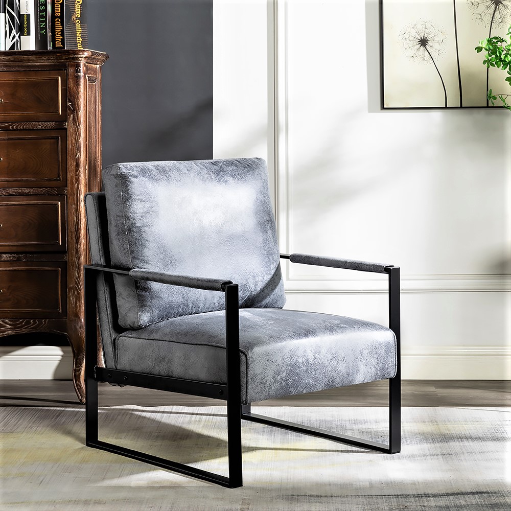 Direct Classic Mid Century Modern Accent Chair With Durable Square Metal Frame, Armchair For Living Room, Bedroom, Home Office In Spotted Microfiber Upholstery, Grey