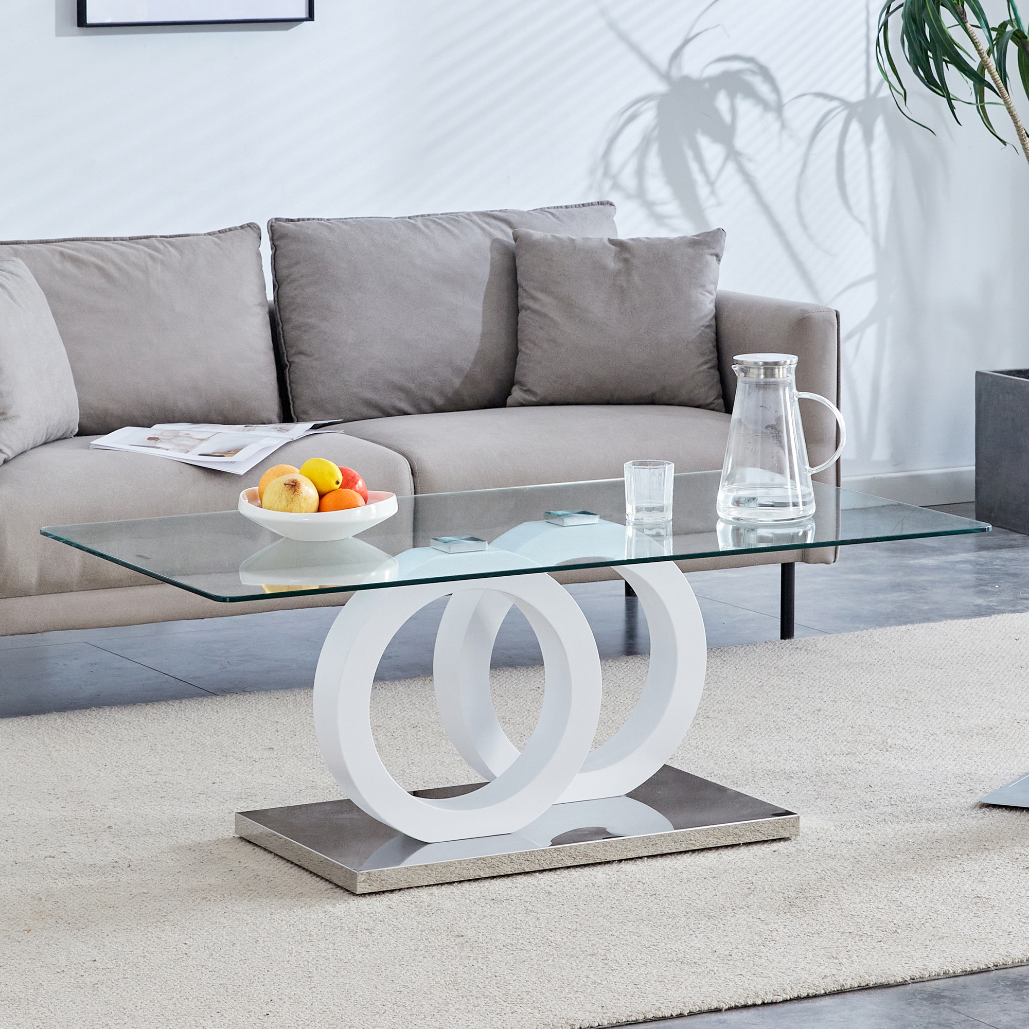 Contemporary Style Glass-Top MDF Coffee Table With White Base - Suitable For Living Rooms And Lounge Areas, Product Dimensions Are 47.2x25.6x17.8Inches.