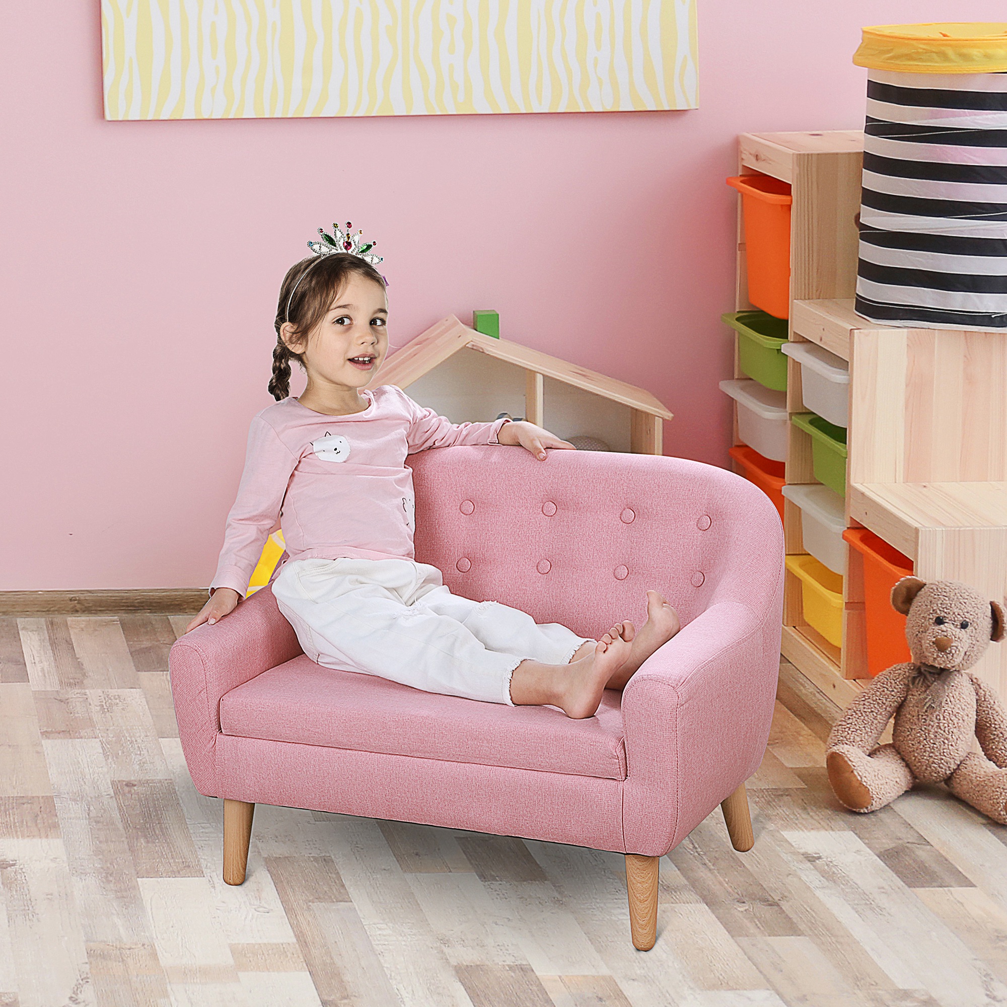 Sofá infantil de 2 asientos, tela tipo lino, asiento de 11 pulgadas de alto, rosa