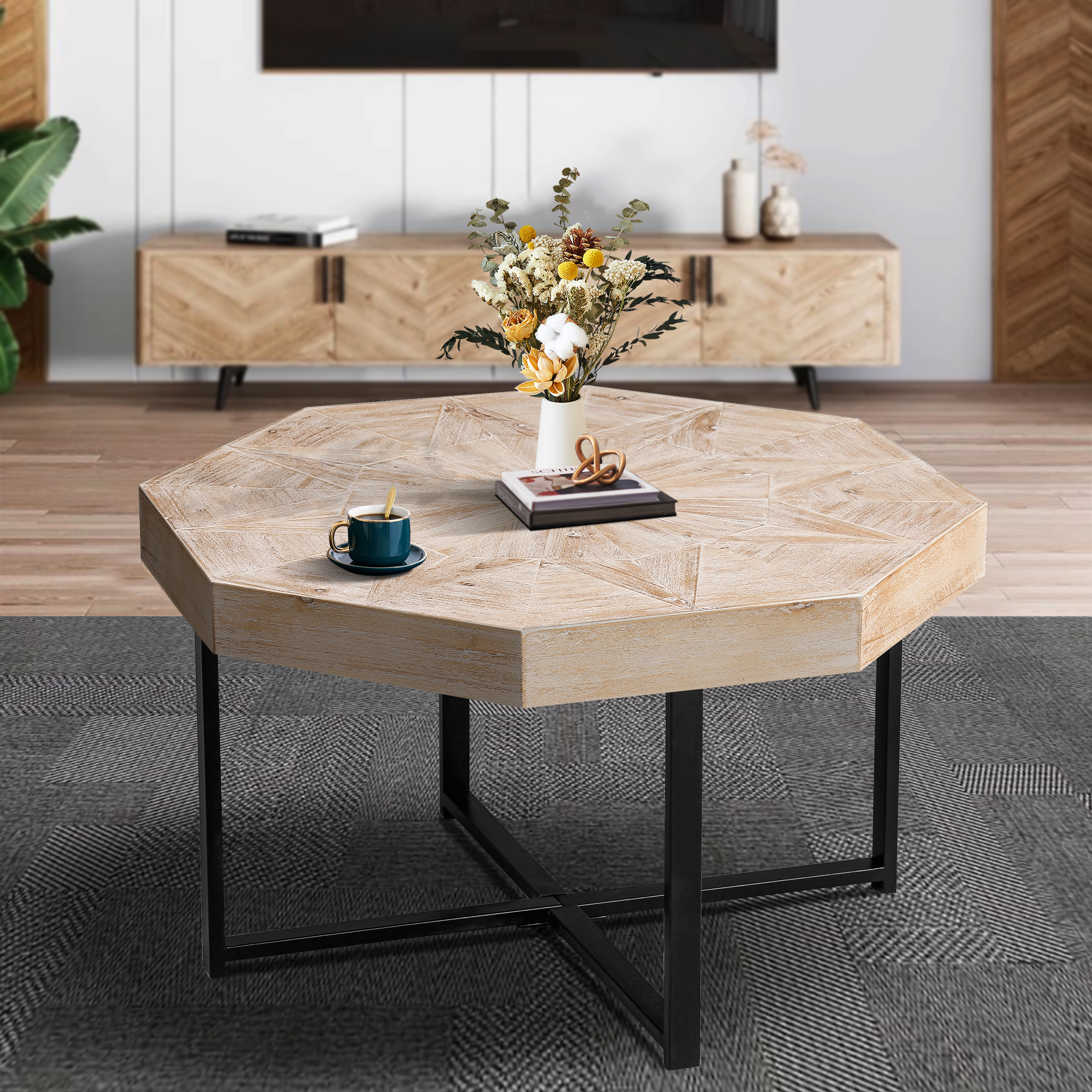 Mesa de Centro Octagonal de Madera Vintage 30 pulgadas con Patas de Metal.