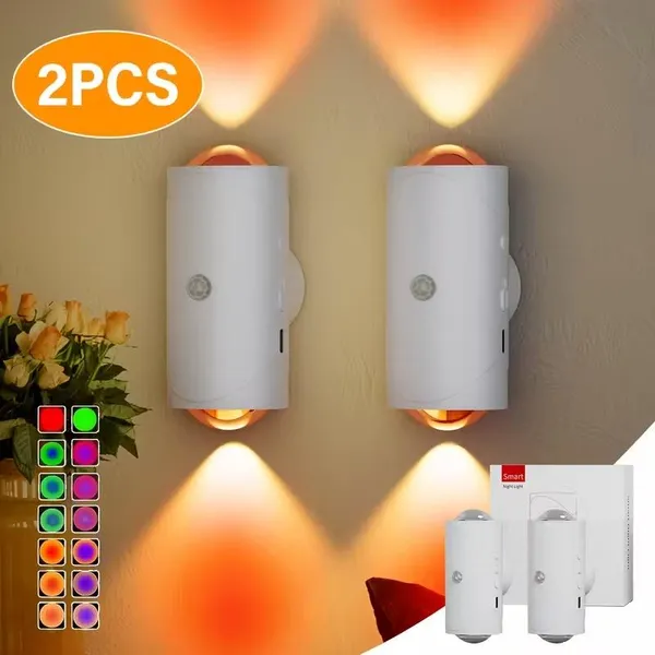 Motion Sensor Night Light Wall Lamp With USB Type-C Charging Ultra Long Battery Life Magnetic Mount Colorful Neon Colors Change For Bedroom Bathroom 2PCS