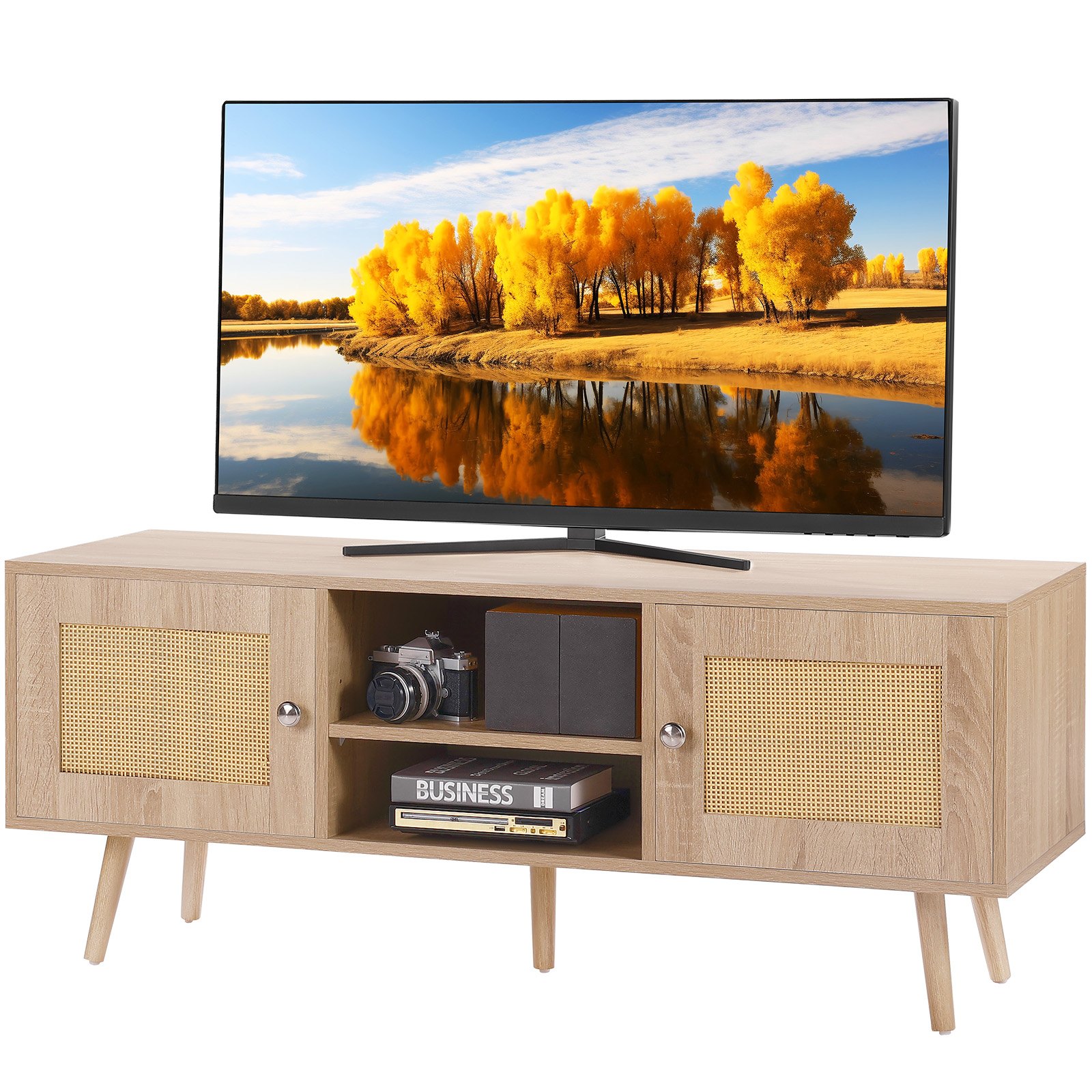 Rattan TV Stand, Boho TV Cabinet For 55 Inch TV, Mid Century Modern TV Stand, Rattan TV Console With Adjustable Shelfs For  Living Room, Media Room, Oak