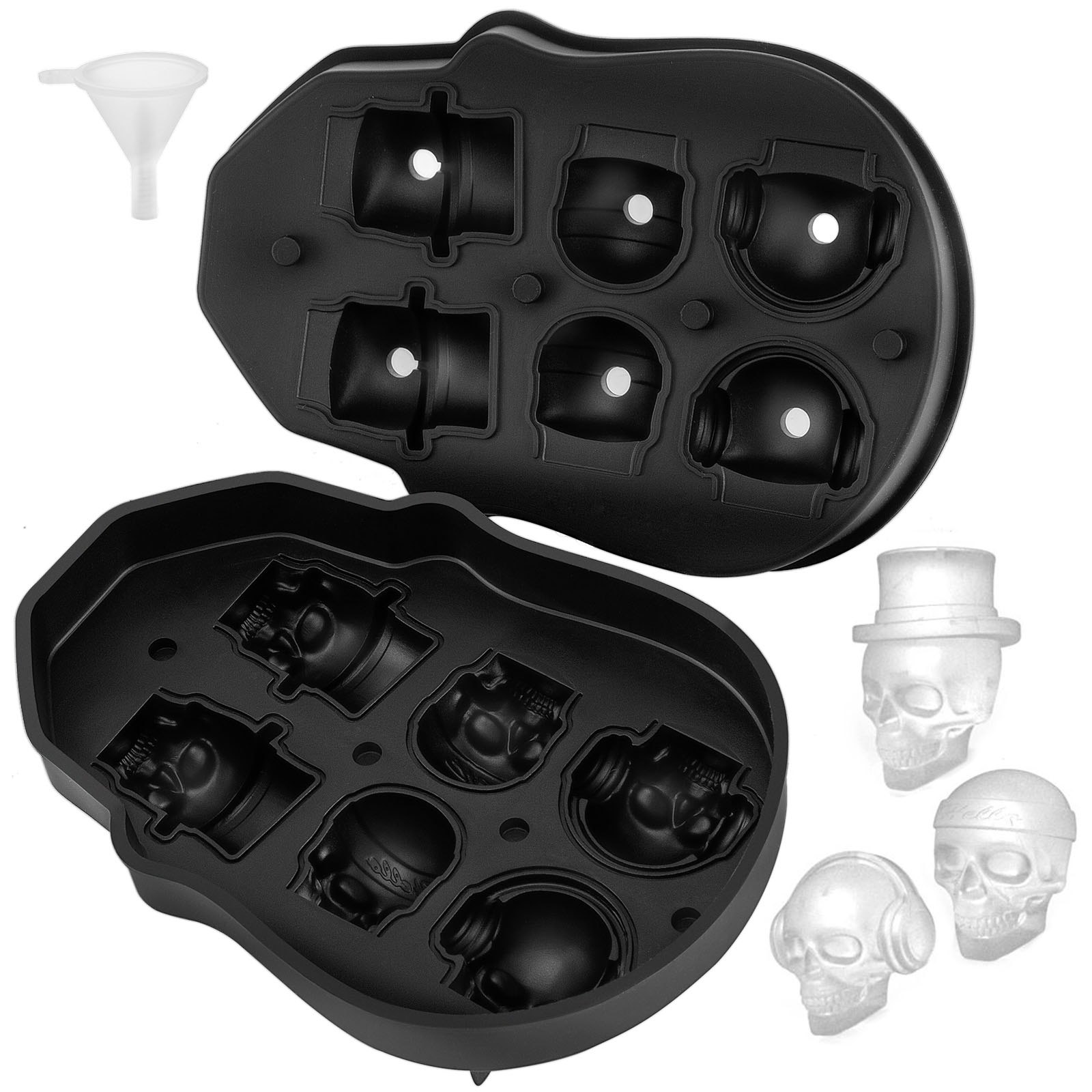 Cubetera de hielo de calavera, 6 rejillas, silicona flexible, con tapa y embudo.