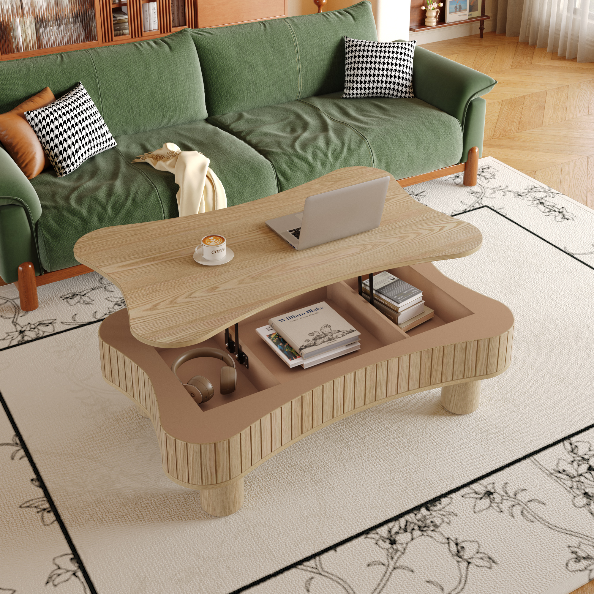 Lift Top Coffee Table For Living Room 42 - Fluted Panel Hidden Storage, Silent Hydraulic Lift, Curved Safety Corners, 5 Min Assembly  27W X 13-18.9H,Natural Wood