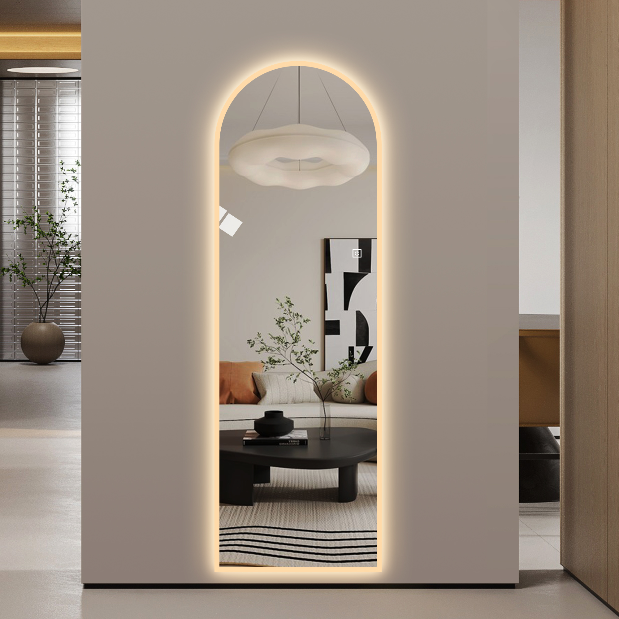 Espejo de pared LED de cuerpo entero 65 x 21 pulgadas, diseño de arco simétrico