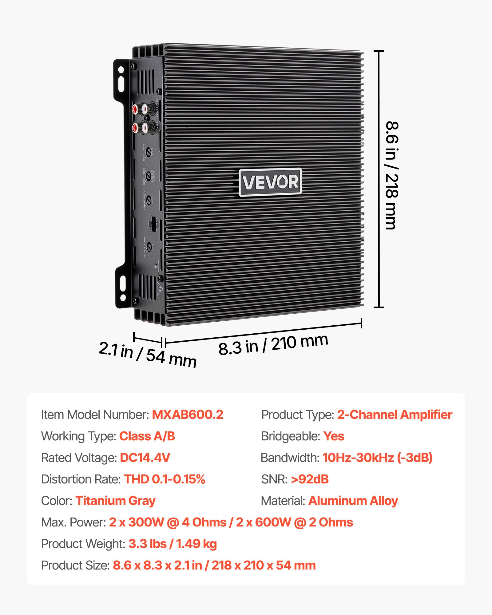 2 Channel Car Audio Amplifier 2 Ohm Stable Bridgeable Class A/B Full Range Stereo Amp Max Power 2 X 300W @ 4 Ohm / 2 X 600W @ 2 Ohm For Car SUV Truck Off-Road