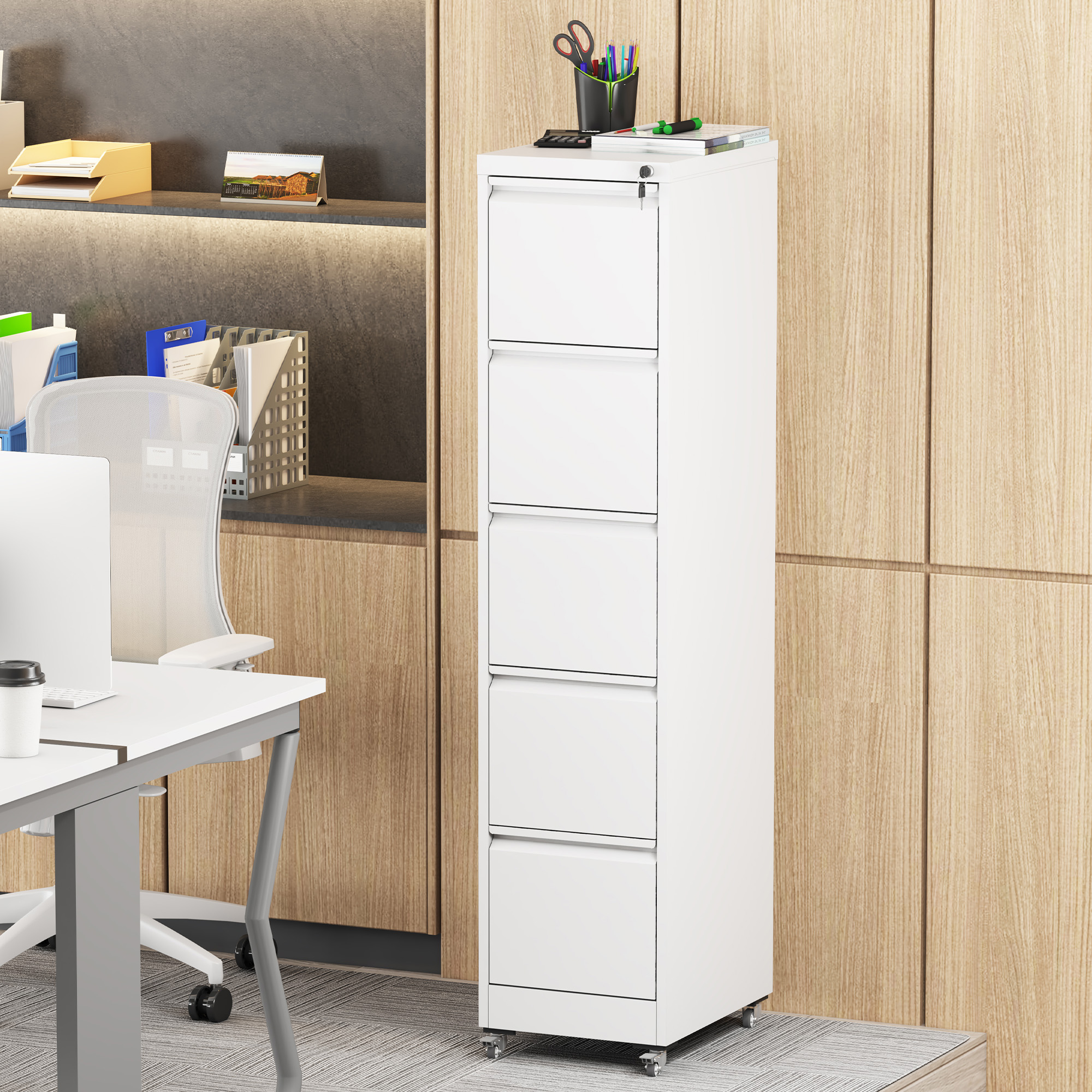 Archivador vertical metálico de 5 cajones con cerradura y ruedas - Blanco
