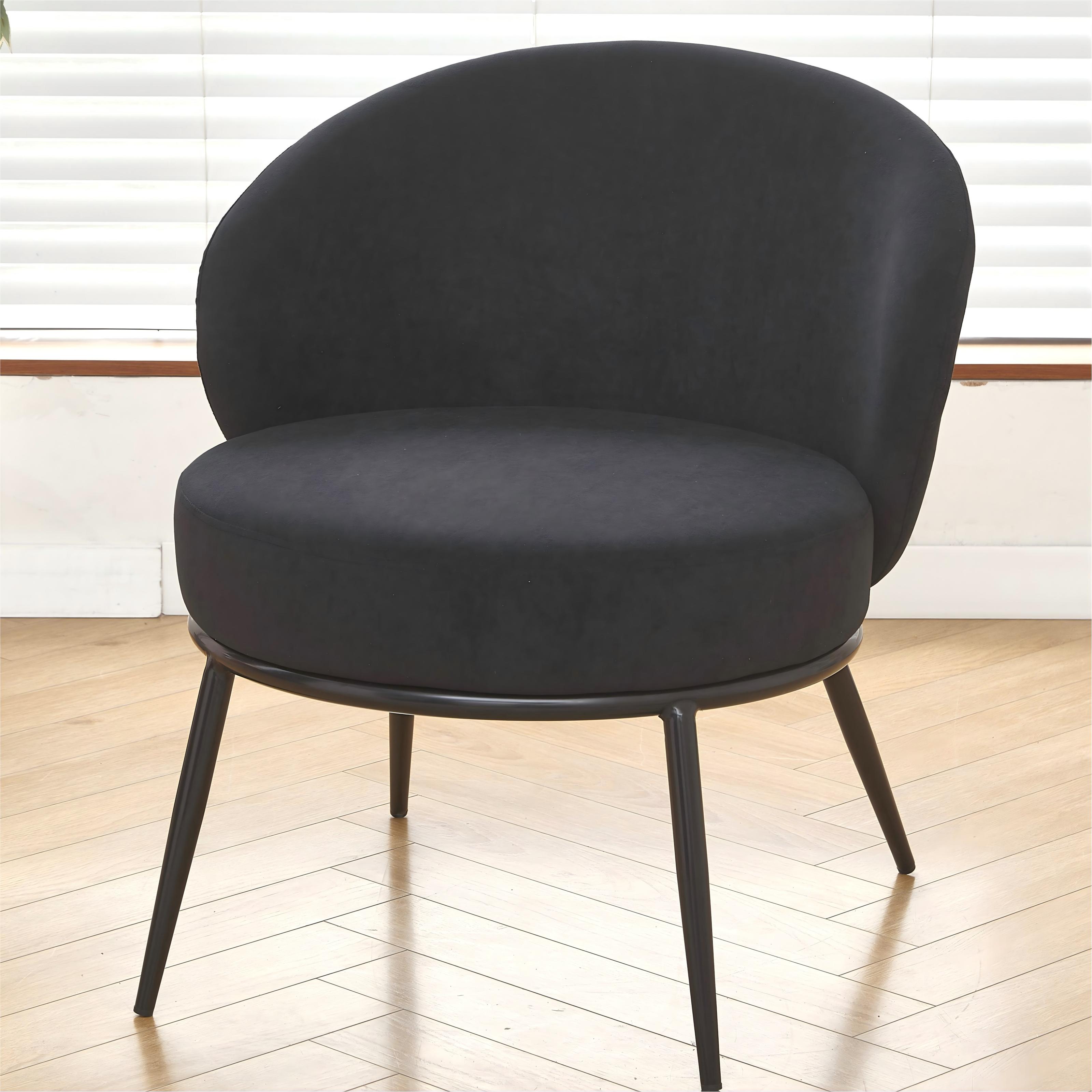 Sillón decorativo redondo de terciopelo, patas de metal, estilo Mid-Century.