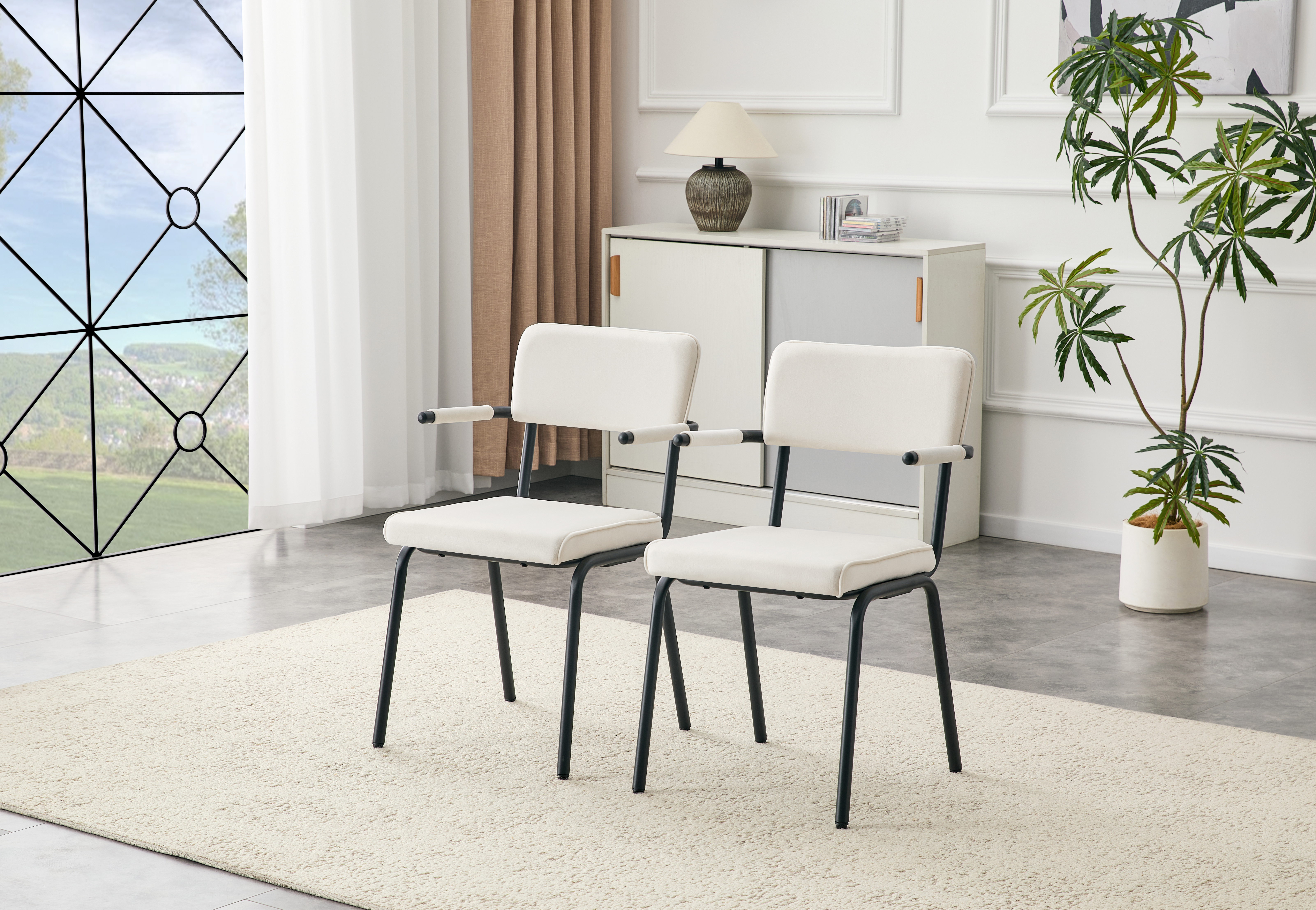 Dining Chairs Set Of 2, Huggable Upholstered Dining Chairs With Soft Skin-Friendly Velvet Fabric, Table-Hangable Armrests, Metal Legs With Spray Coating Finish  White, Set Of 2