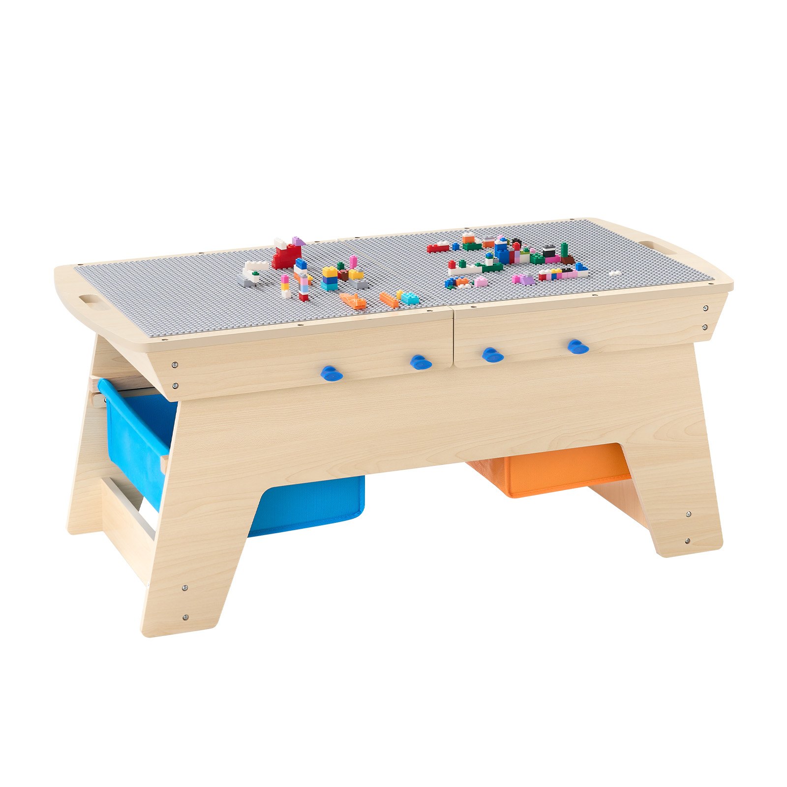 Kids Reversible Wooden Activity Table, Multi-Purpose Activity Play Table With 200 Building Bricks & 3 Storage Bins For Kids 3+ Years, Large Storage Space, Present For Boys & Girls, Natural