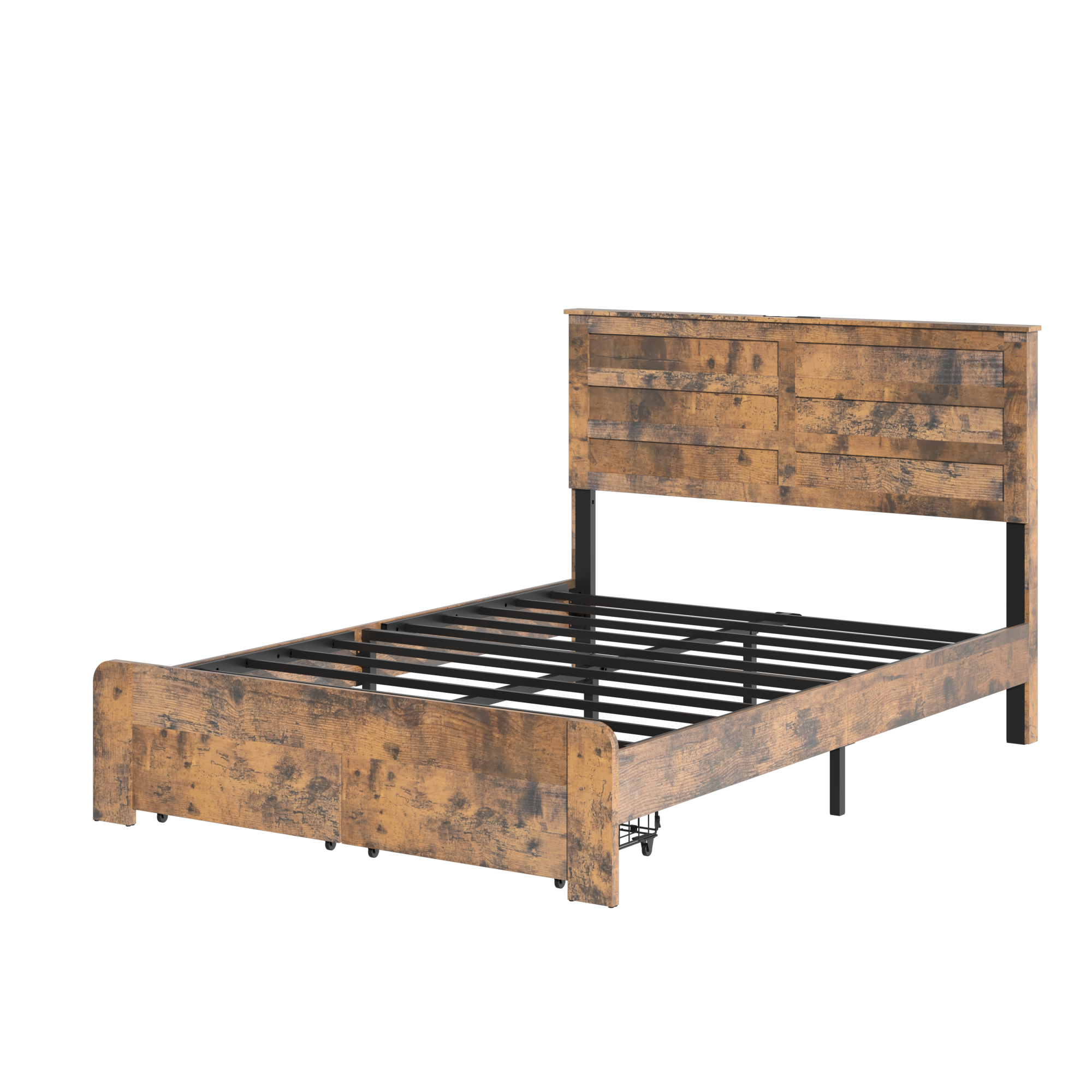 Queen Rustic Bed Frame With LED Headboard, Charger & Drawers, Dark Brown