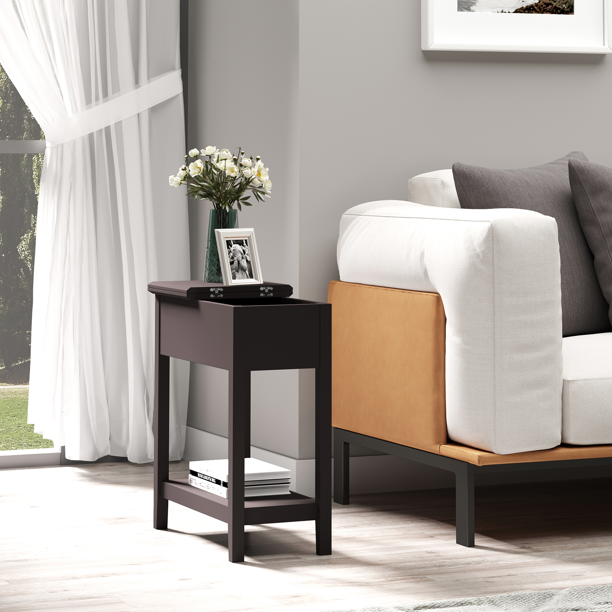 Mesa auxiliar estrecha con tapa abatible, gabinete y estante inferior, color café oscuro