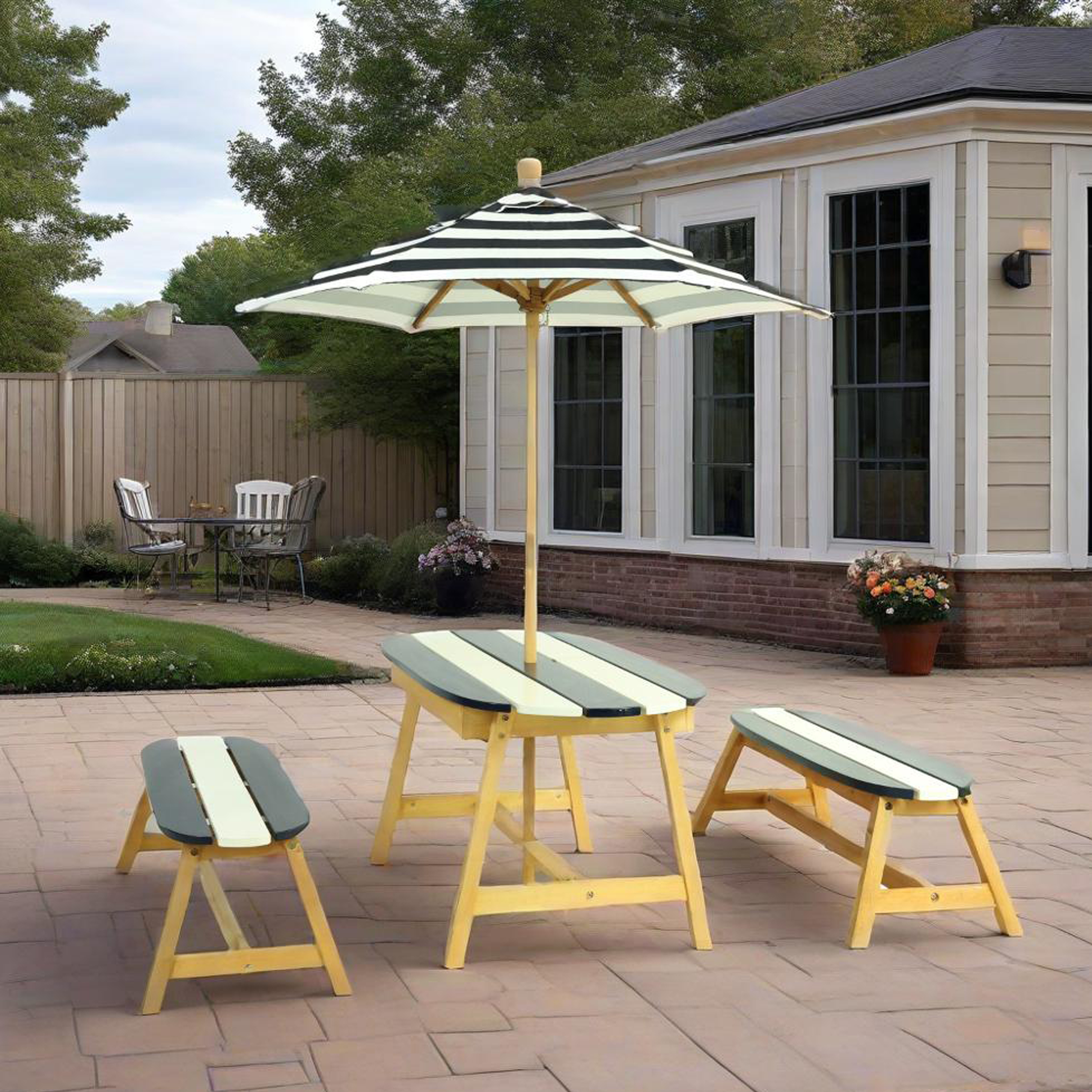 Naturally Playful Kids Picnic Table With  Umbrella, Indoor Outdoor Toys-Dark Blue
