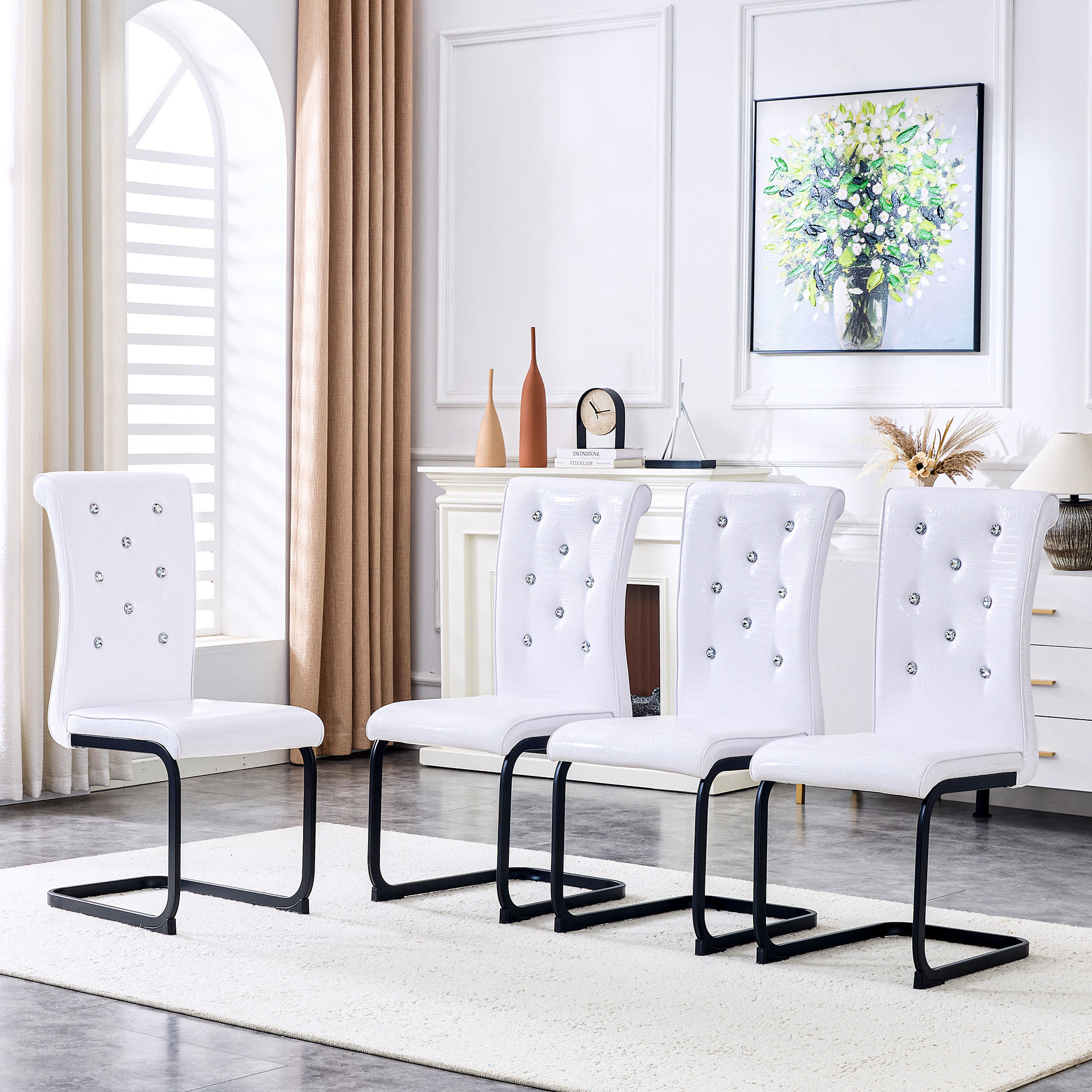 Set Of 4,Retro Alligator Skin Upholstered Dining Chairs,with Crystal Buckle Design And Faux Leather Design,a Touch Of Elegance And Mystery To The Dining Area,Black Spray-painted Metal Bow Leg