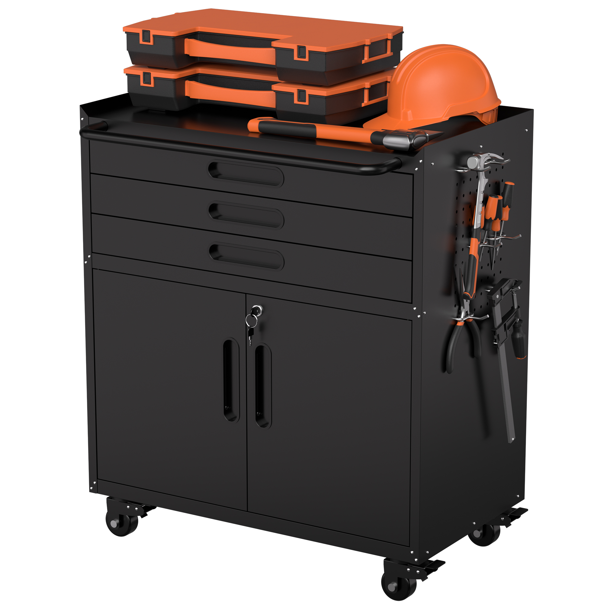 34.3  Rolling Metal Tool Cabinet - Heavy Duty Garage Storage With Lockable Doors & 3 Drawers, Mobile Workbench Organizer For Garage, Workshop, Home