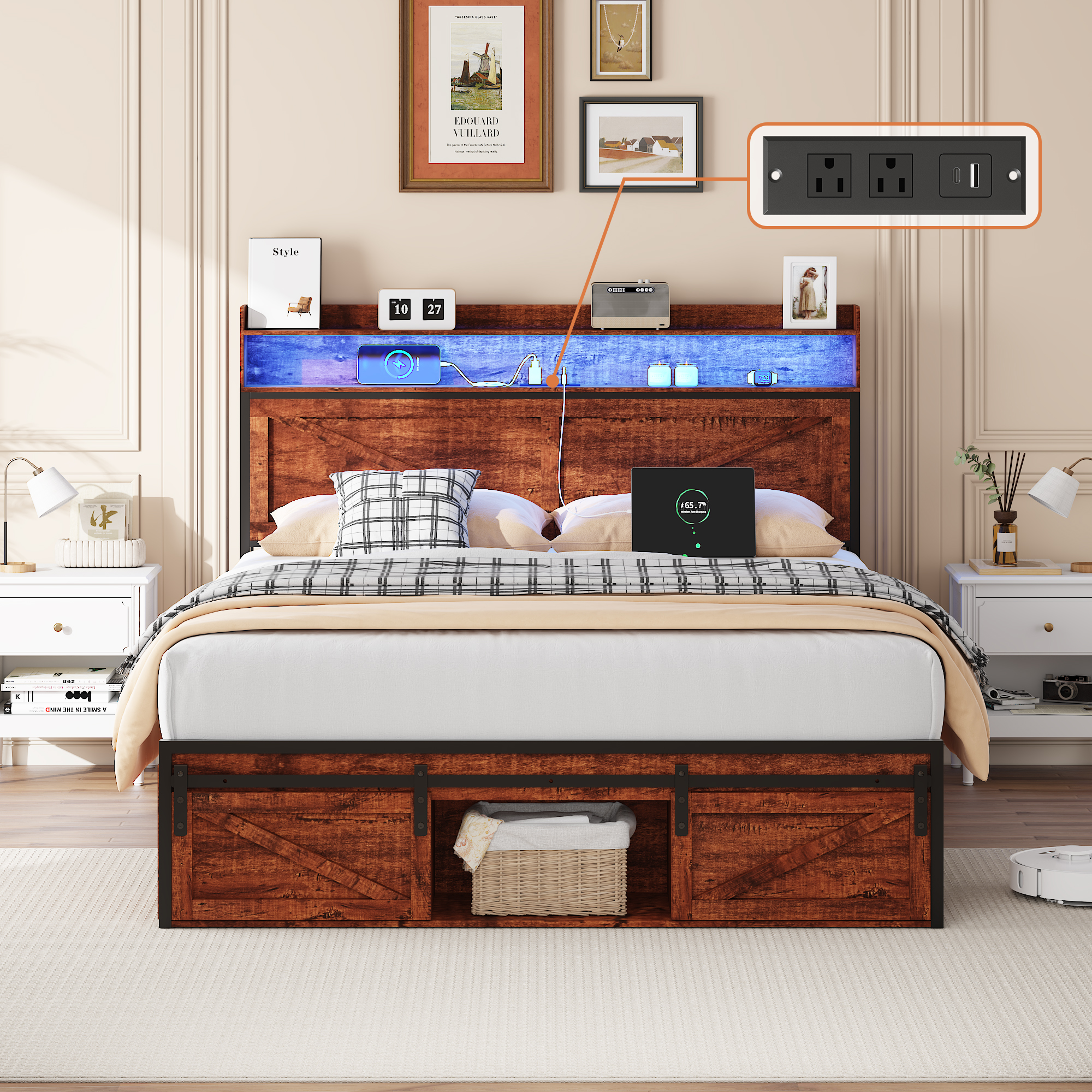 Base de cama Queen con cabecero y piecero de almacenamiento, LED, plataforma metálica, marrón